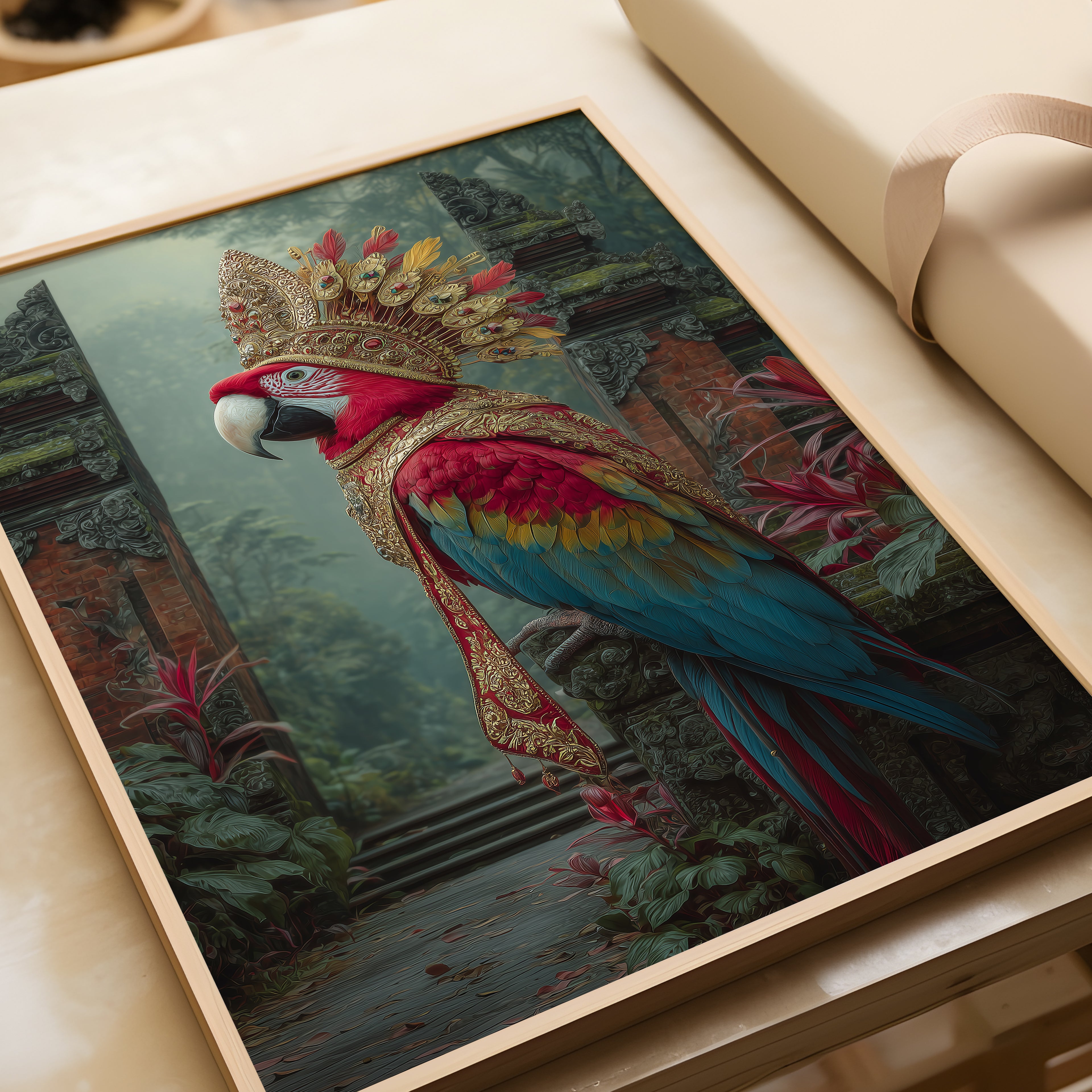 Royal Parrot Poster – Exotic Bird Art Print, Balinese Jungle Wall Decor, Tropical Animal Illustration