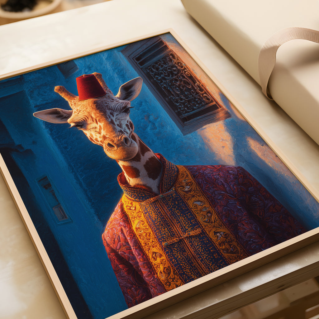 Elegant Giraffe Poster – Moroccan Animal Art Print, Royal Wildlife Wall Decor, Fantasy Safari Portrait