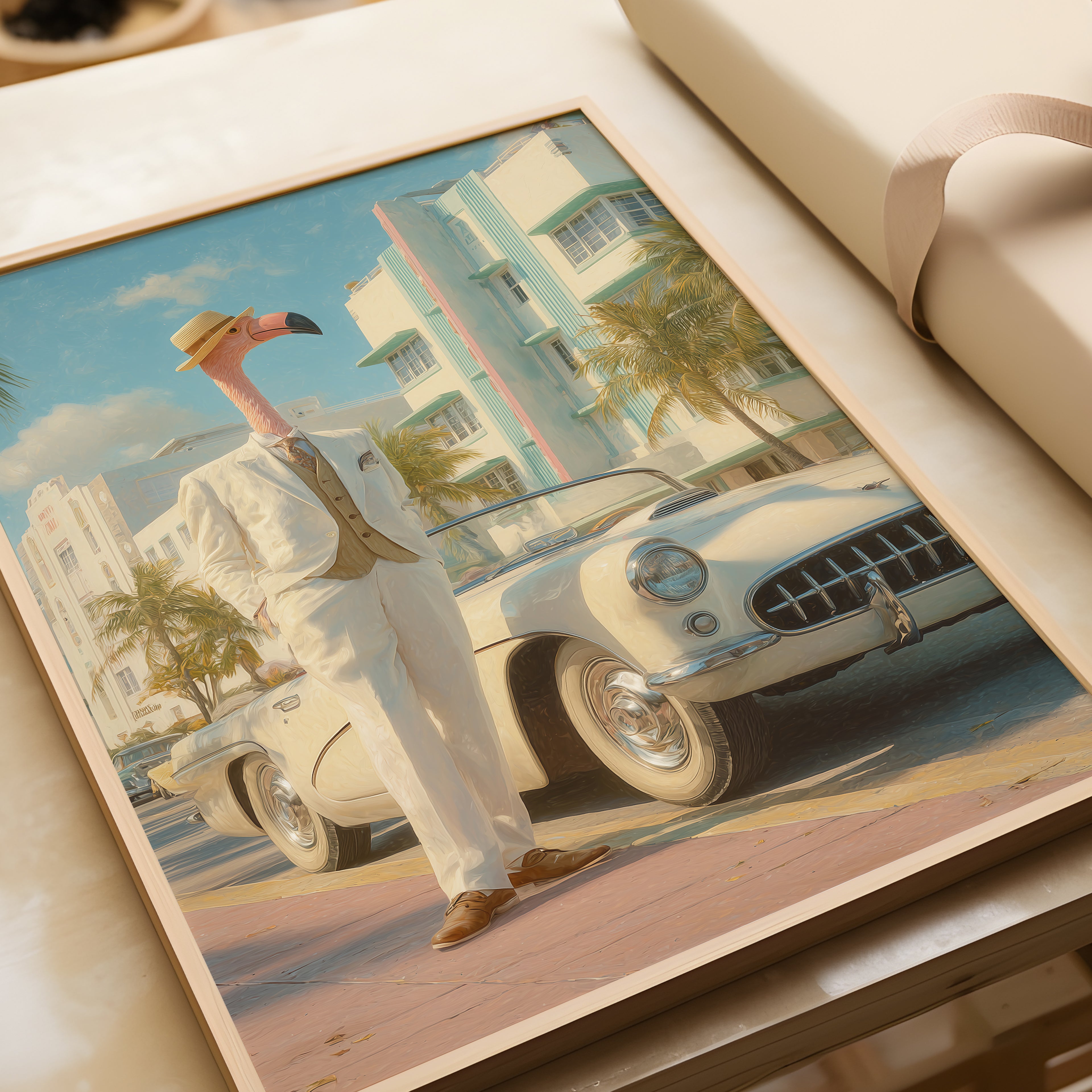 Flamingo on Ocean Drive Poster – Miami Retro Wall Art, Art Deco Print