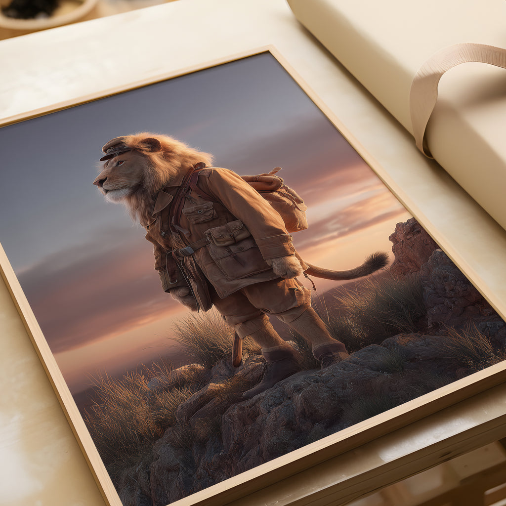 Regal Lion in Africa – Animal Portrait Explorer Wall Art, Colonial Style Wildlife Print