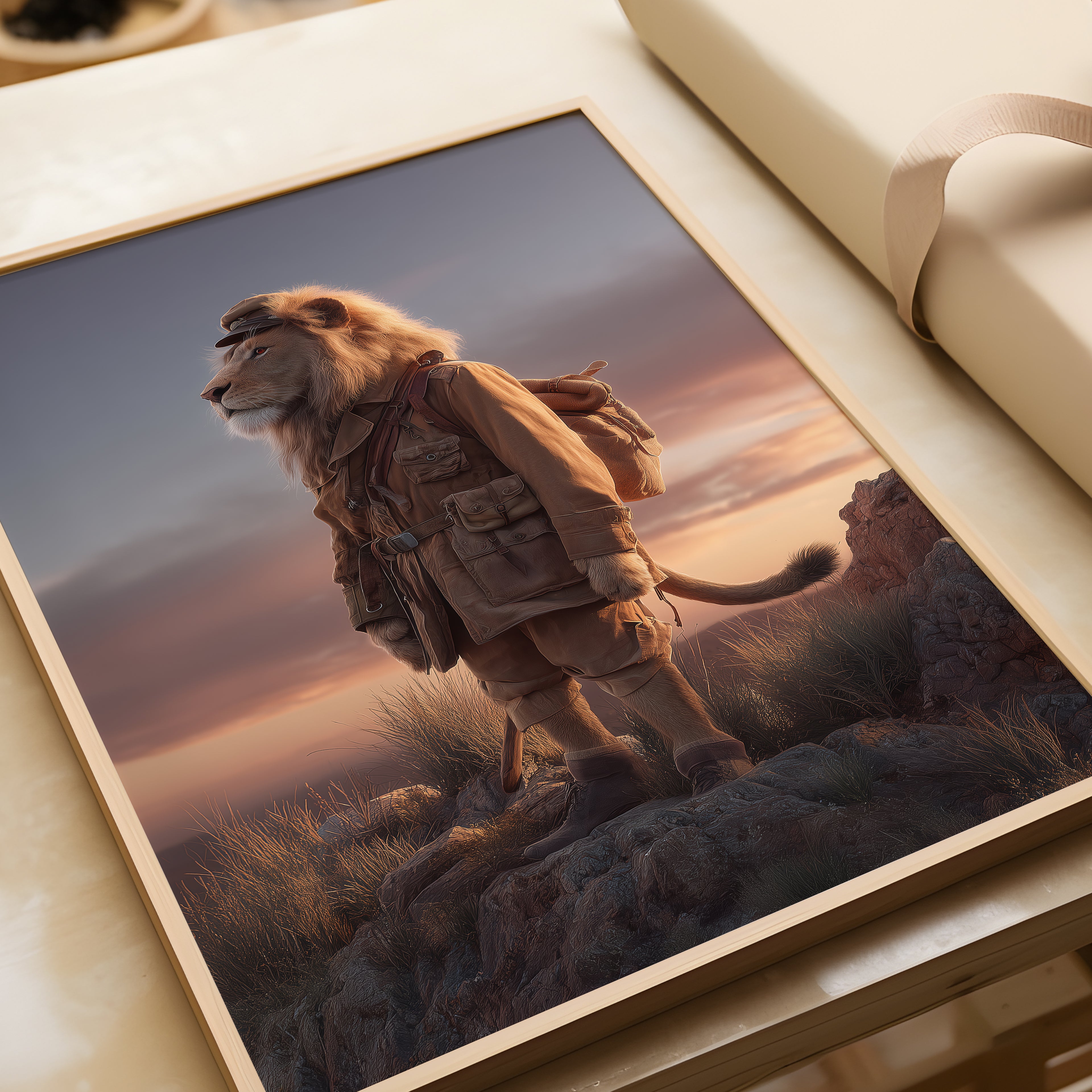 Regal Lion in Africa – Animal Portrait Explorer Wall Art, Colonial Style Wildlife Print