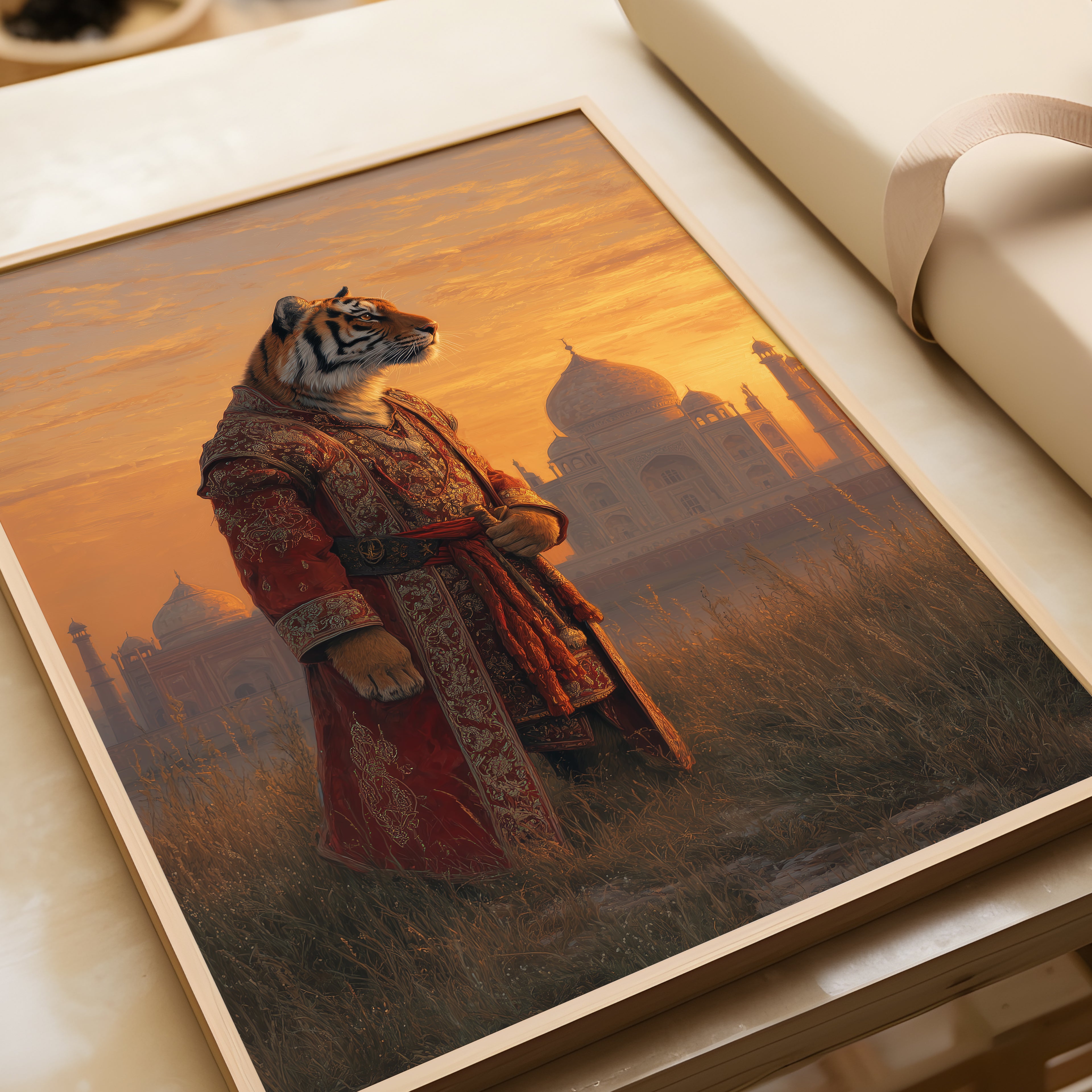 Regal Tiger Poster – Anthropomorphic Animal Art Print, Jungle Decor, Taj Mahal Fantasy Wall Art
