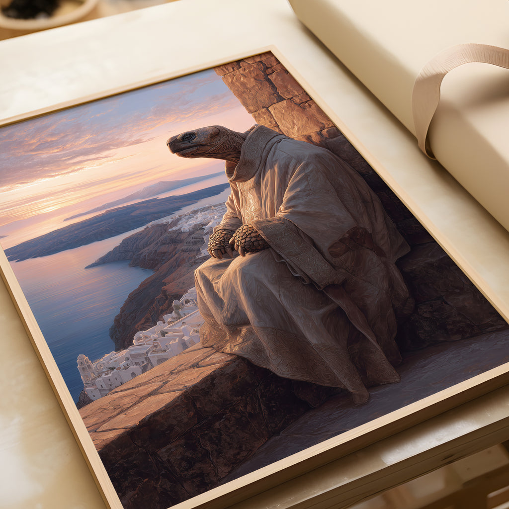 Meditative Turtle Poster – Greek Island Animal Print, Santorini Wall Art, Peaceful Fantasy Illustration