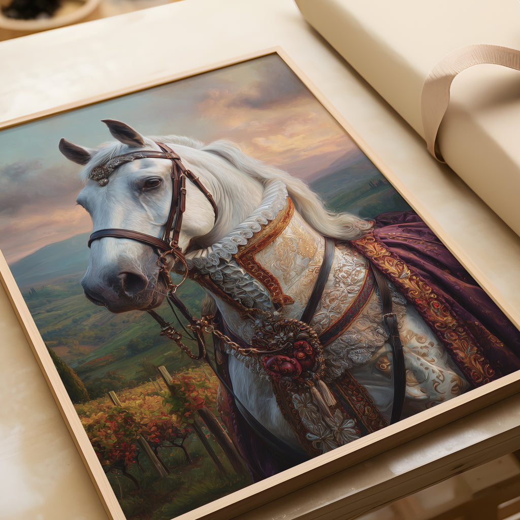 Noble Horse Poster – Royal Equestrian Art Print, Baroque Animal Portrait, Tuscan Landscape Decor