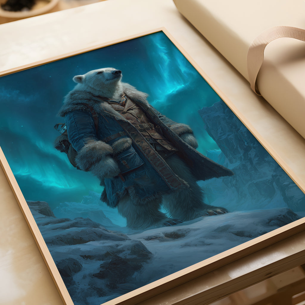 Polar Bear Explorer Print: Arctic Animal Art, Aurora Borealis Fantasy