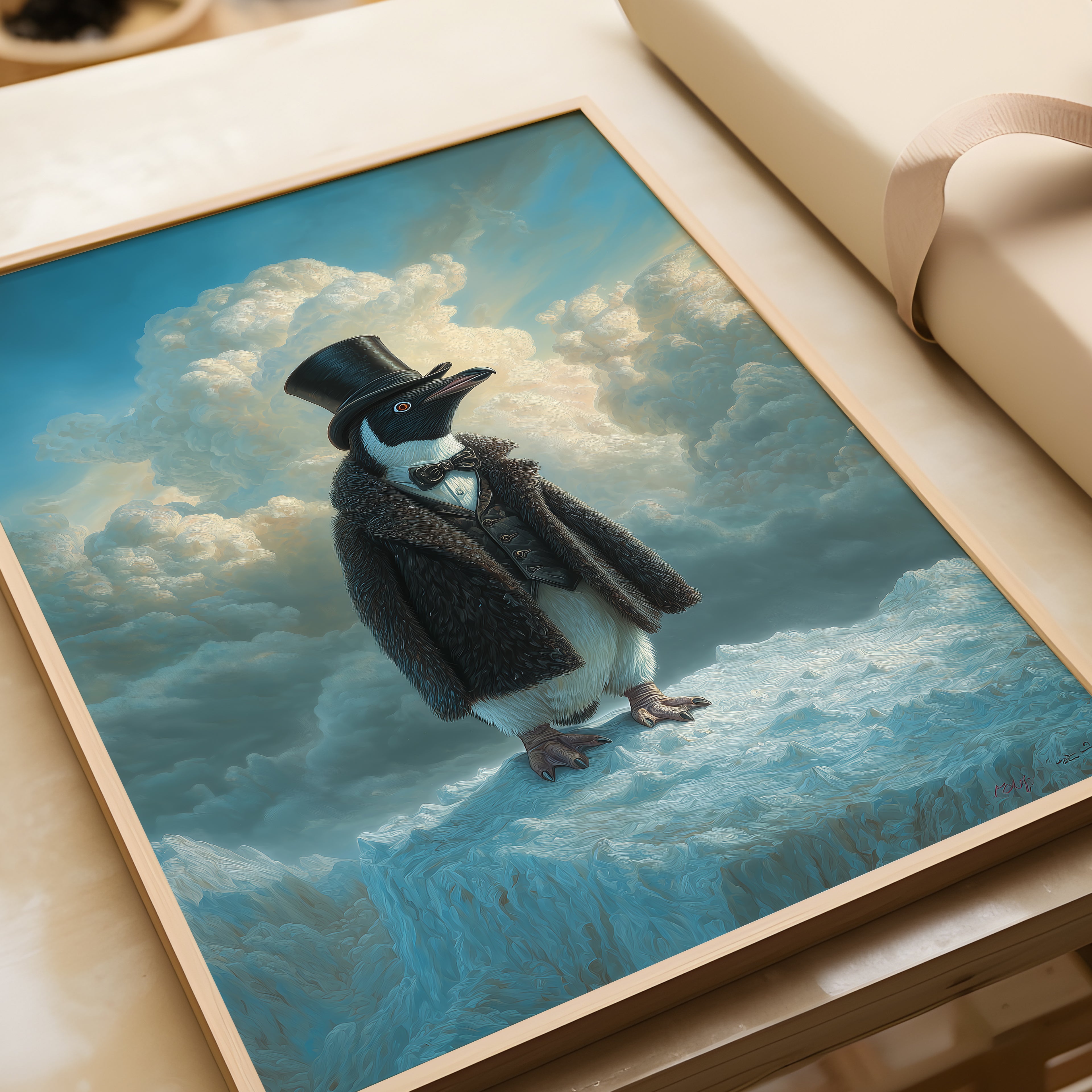 Aristocratic Penguin in Antarctica – Funny Animal Portrait, Aurora Wall Art, Whimsical Winter Decor