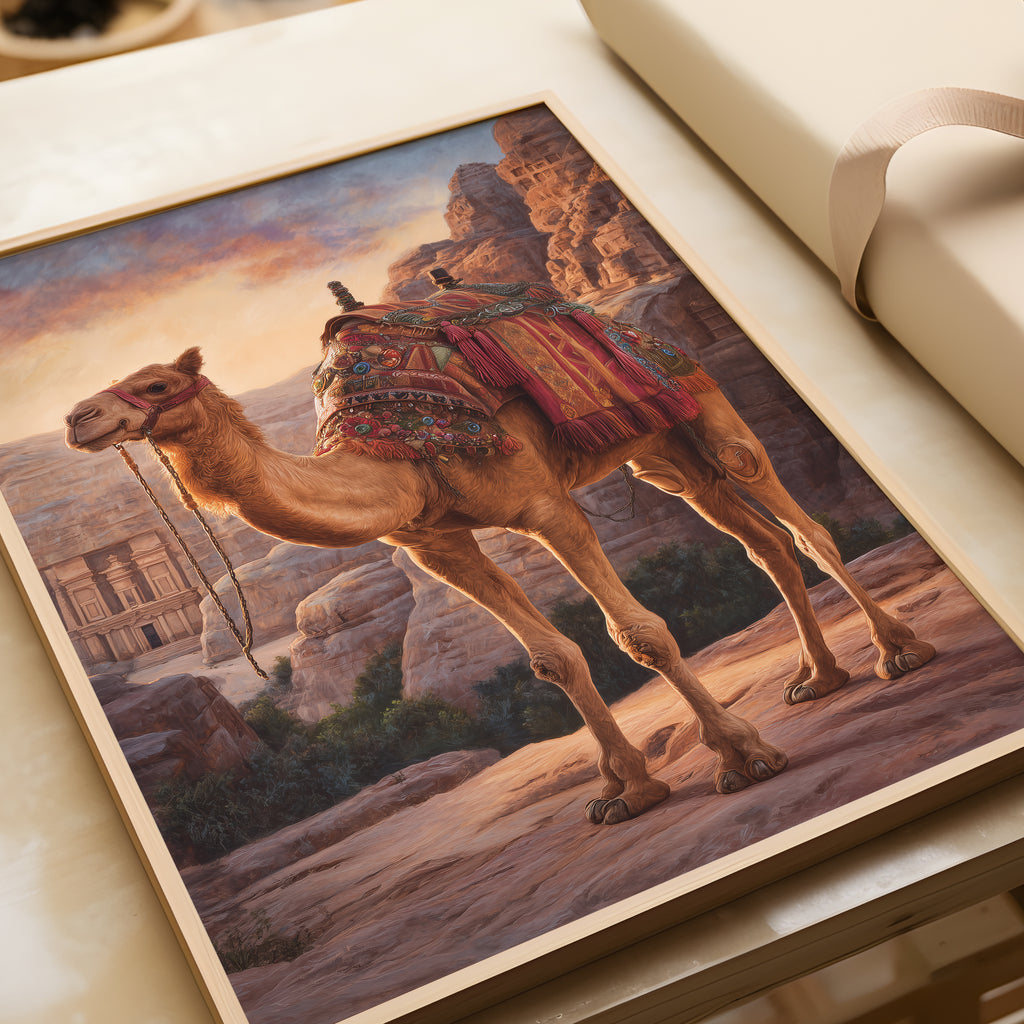 Royal Camel Poster – Desert Animal Art Print, Petra Inspired Wall Decor, Arabian Fantasy Illustration