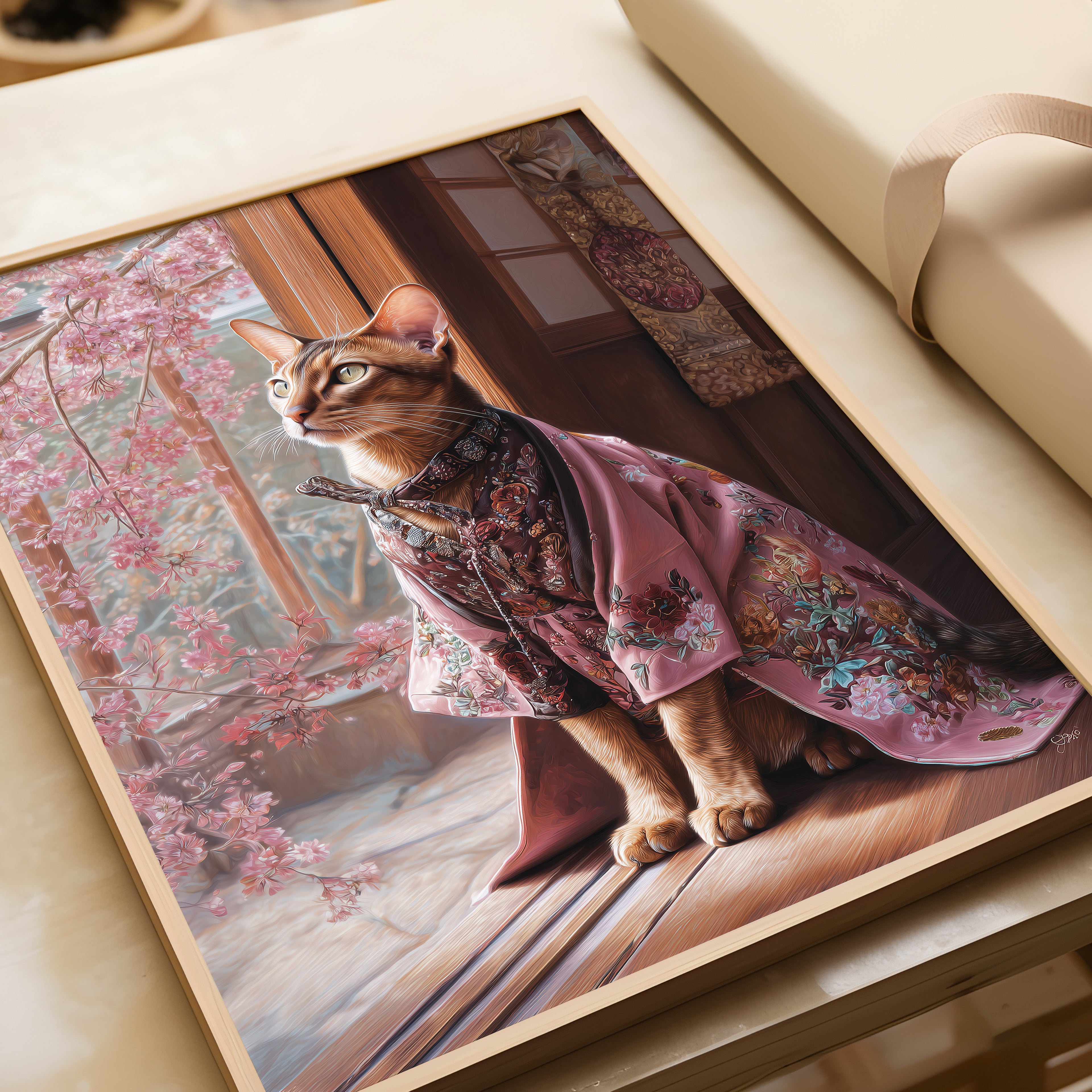 Kimono Cat Poster – Japanese Animal Print, Cherry Blossom Wall Art, Elegant Feline Decor