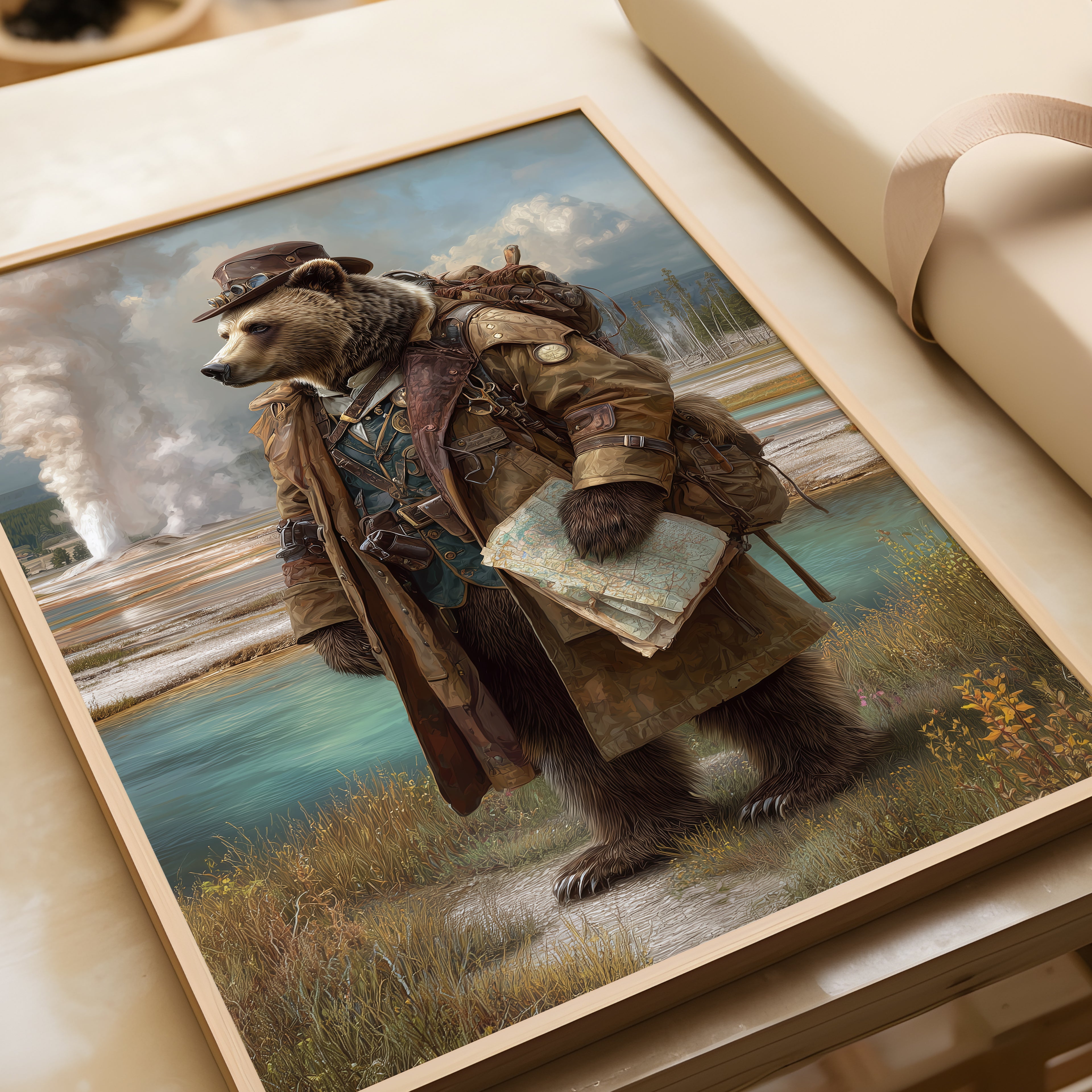 Grizzly Explorer Poster – Steampunk Bear Wall Art, Wilderness Adventure Animal Print