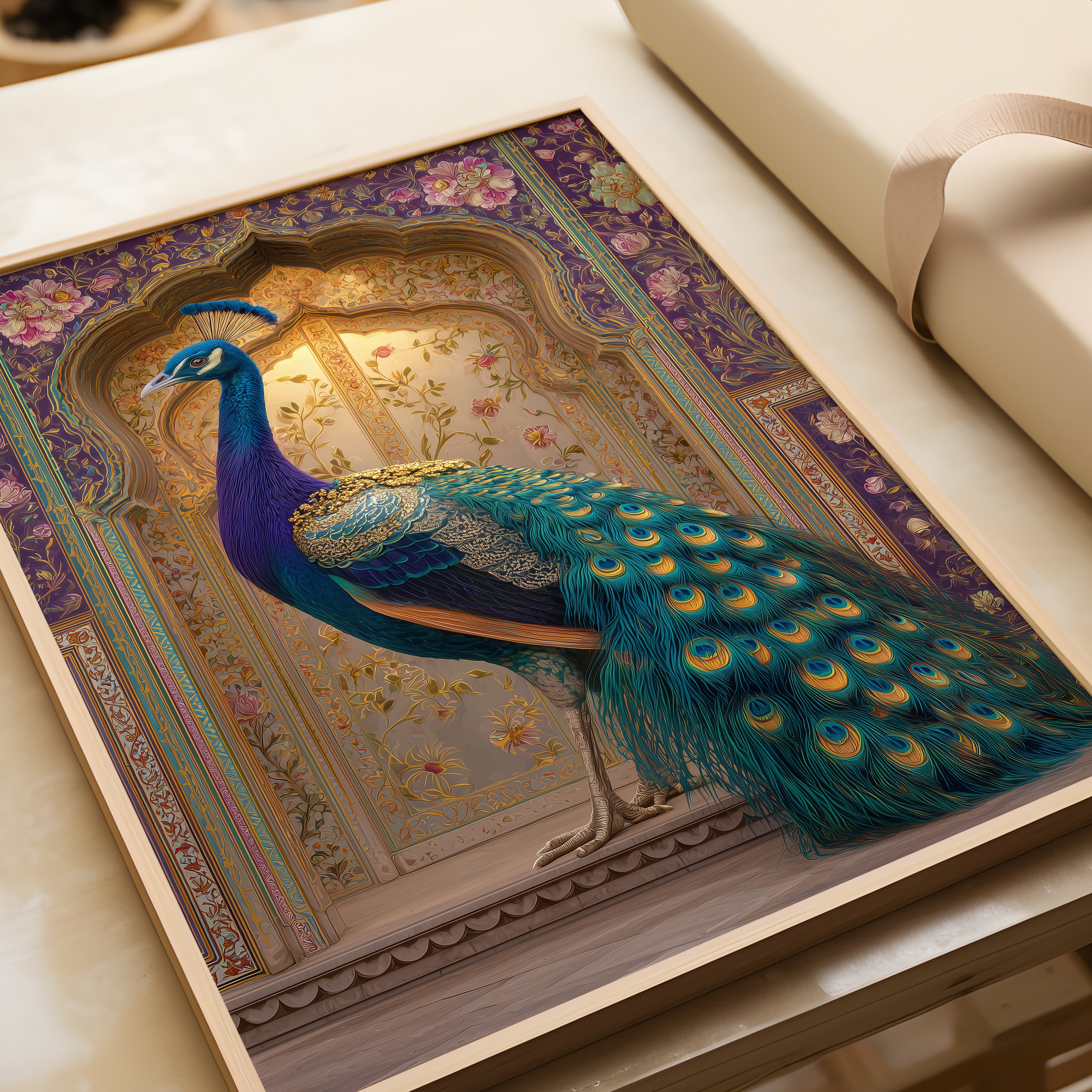 Peacock in Rajasthan Poster – Indian Palace Bird Print, Boho Wall Art