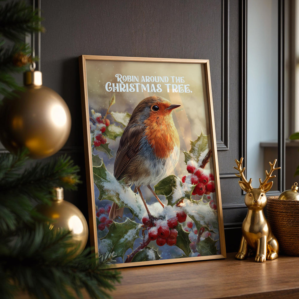 Robin Christmas Tree Poster – Winter Bird Holiday Wall Art