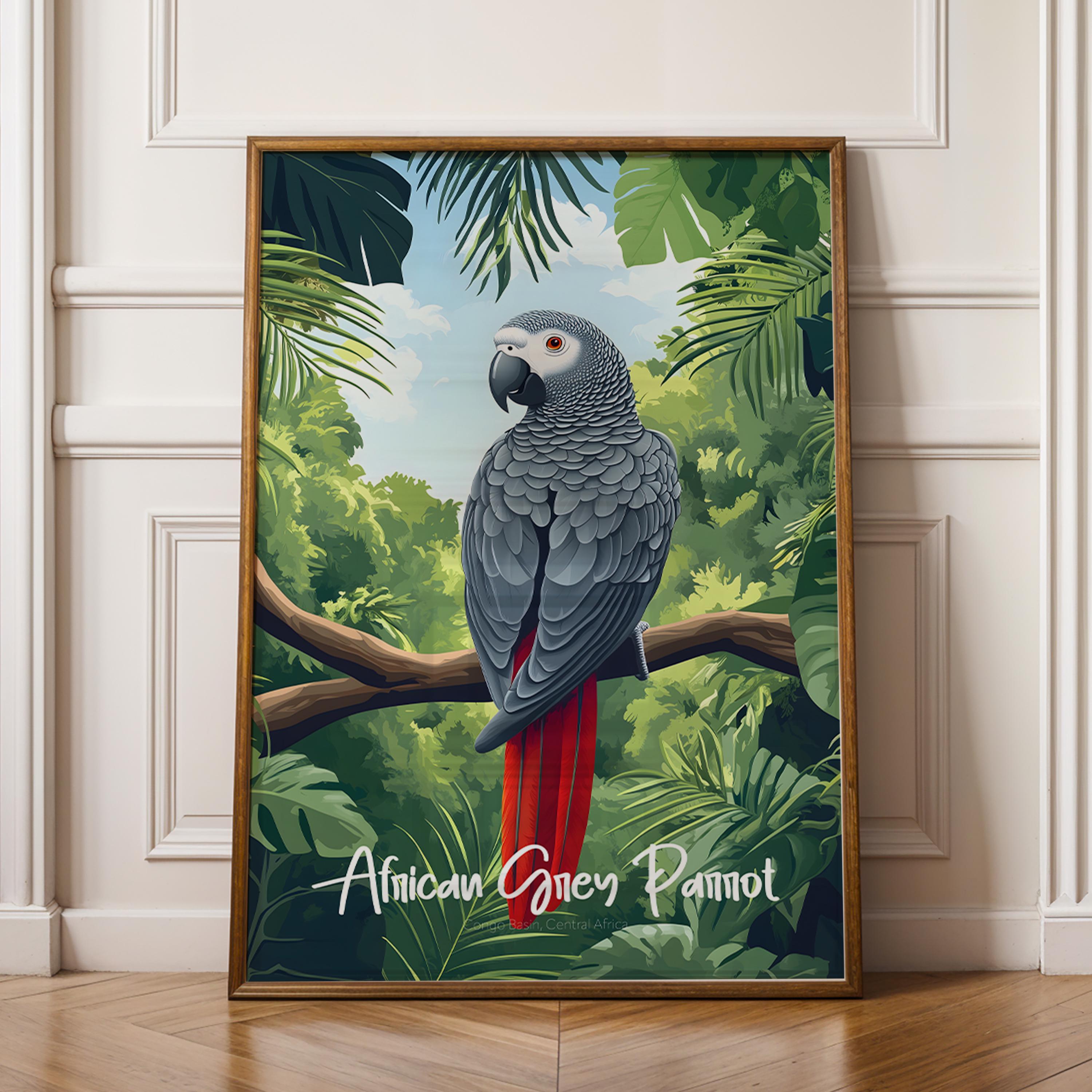 African Grey Parrot Print: Tropical Bird Wall Art for Nursery, Living Room