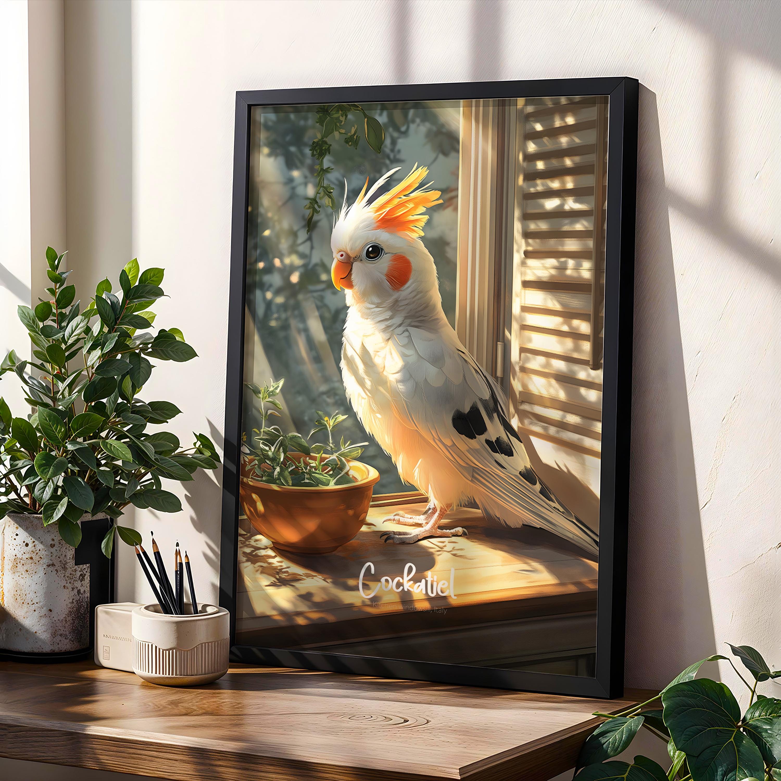Framed Cockatiel Print: Modern Avian Wall Art