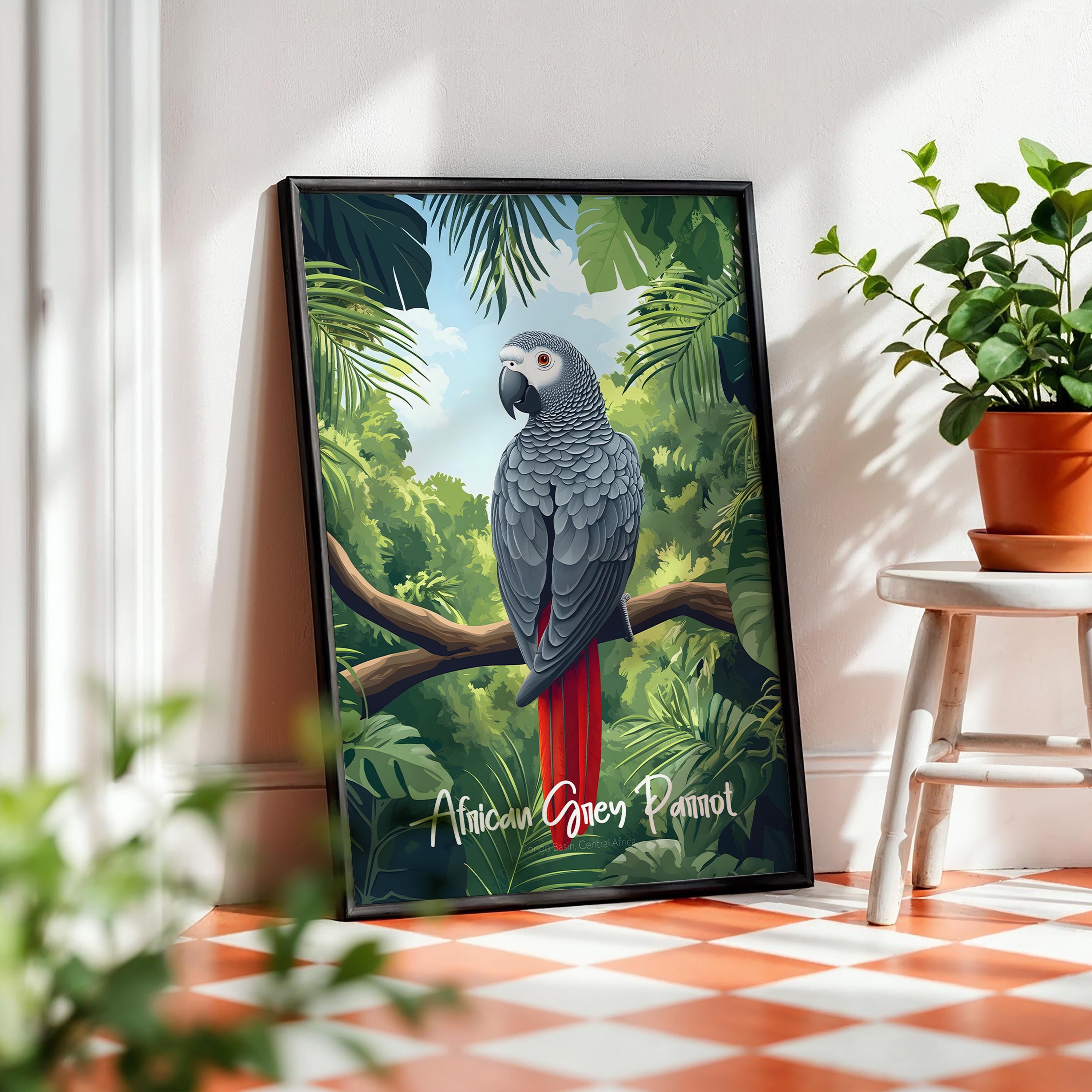 African Grey Parrot Print: Tropical Bird Wall Art for Nursery, Living Room