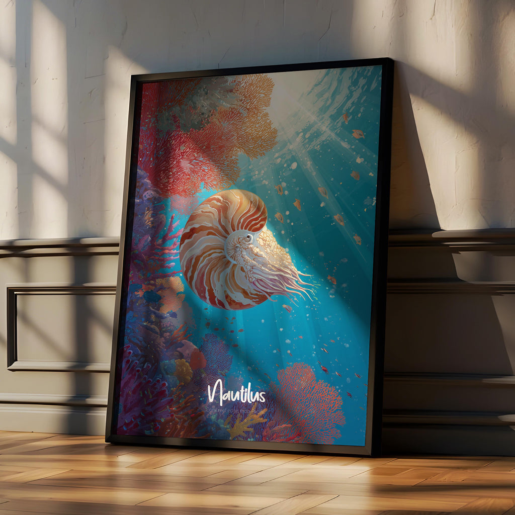 Nautilus Framed Poster: Marine Wildlife Print, Kids Room Decor