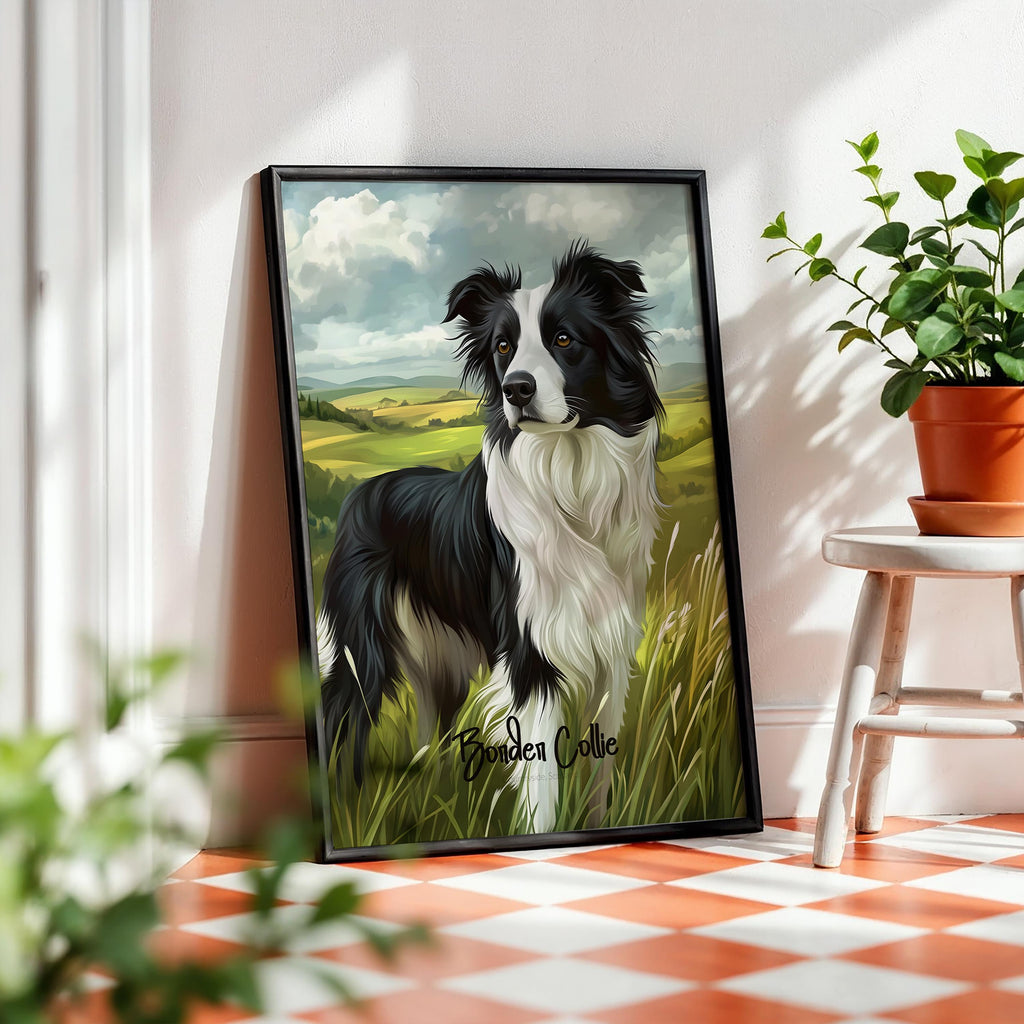 Framed Border Collie Print: Rustic Farmhouse Dog Wall Art