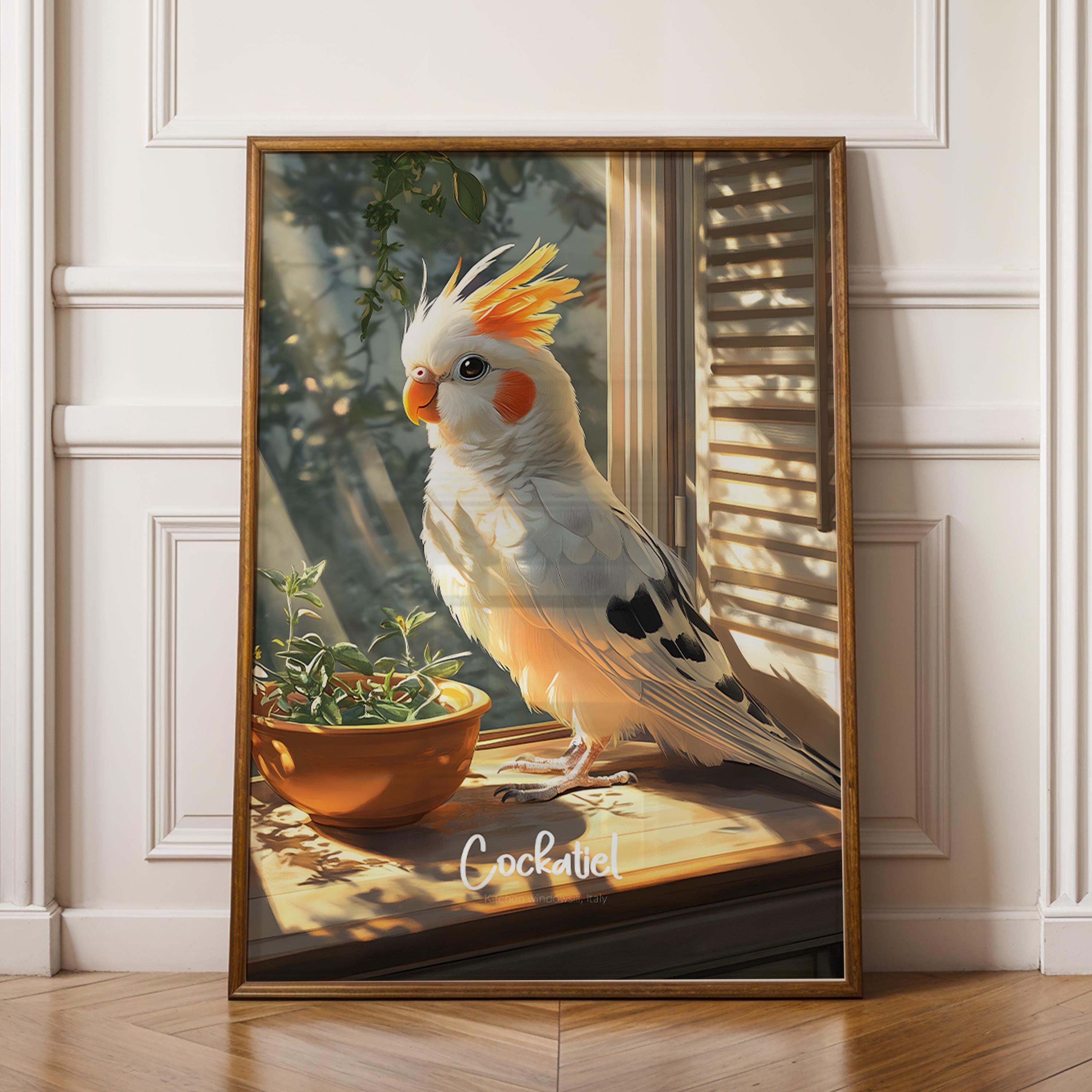 Framed Cockatiel Print: Modern Avian Wall Art