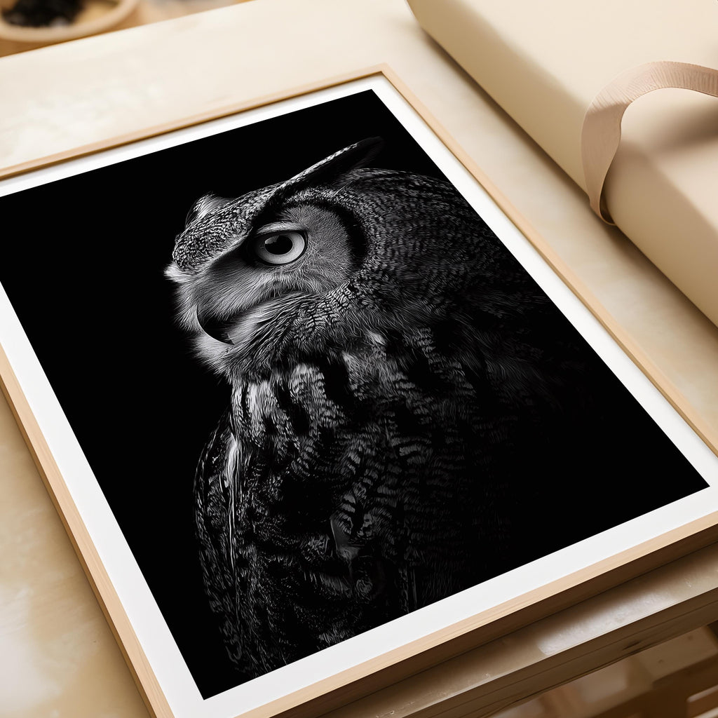 Black and White Owl Print: Mysterious Wildlife Art, Monochrome Bird Decor