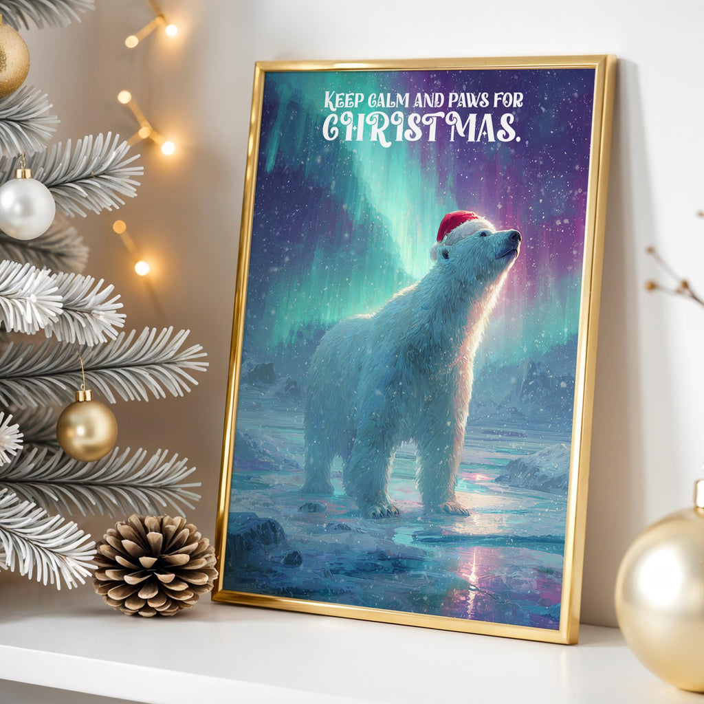 Paws for Christmas Polar Bear Poster – Funny Winter Wall Art with Northern Lights