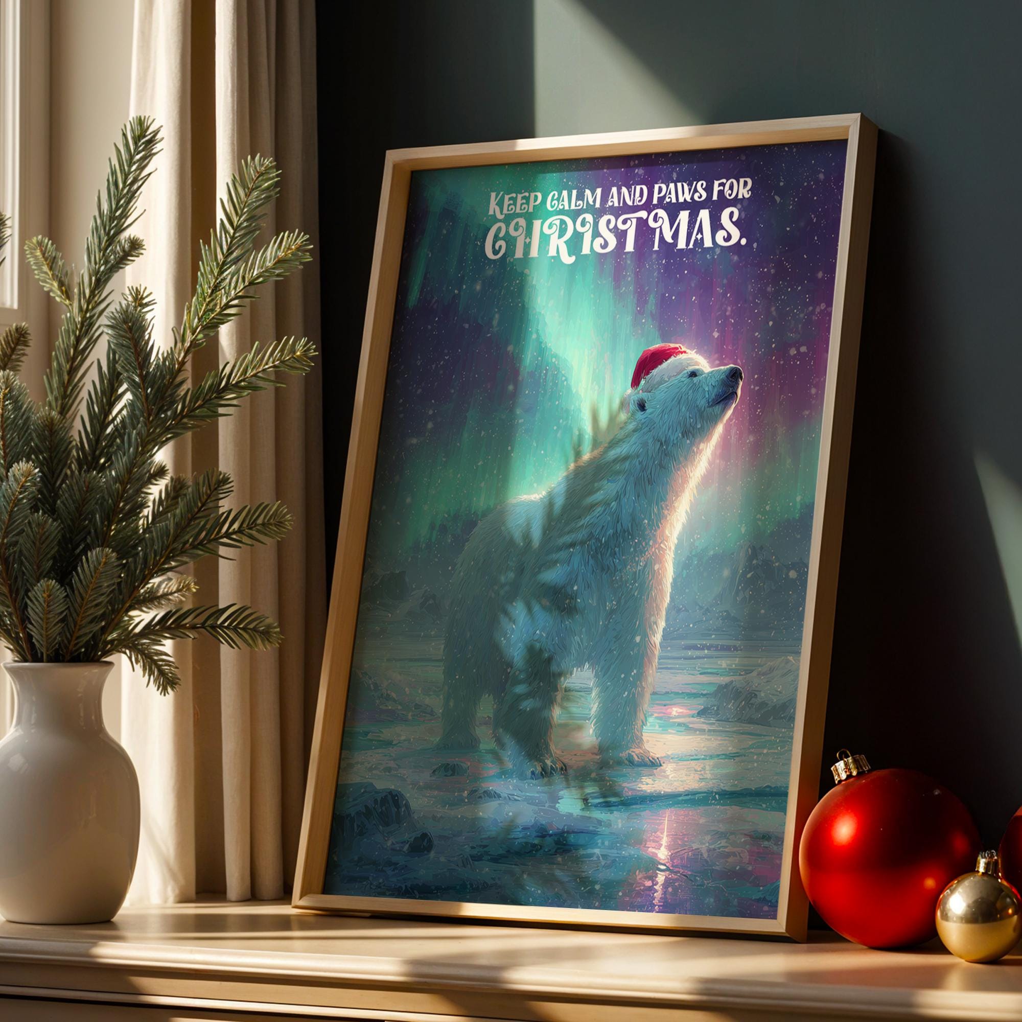 Paws for Christmas Polar Bear Poster – Funny Winter Wall Art with Northern Lights
