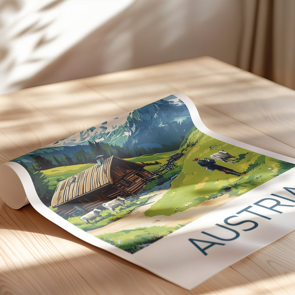 Austria Alps Travel Poster – Alpine Cabin & Mountain Landscape Illustration with Cows