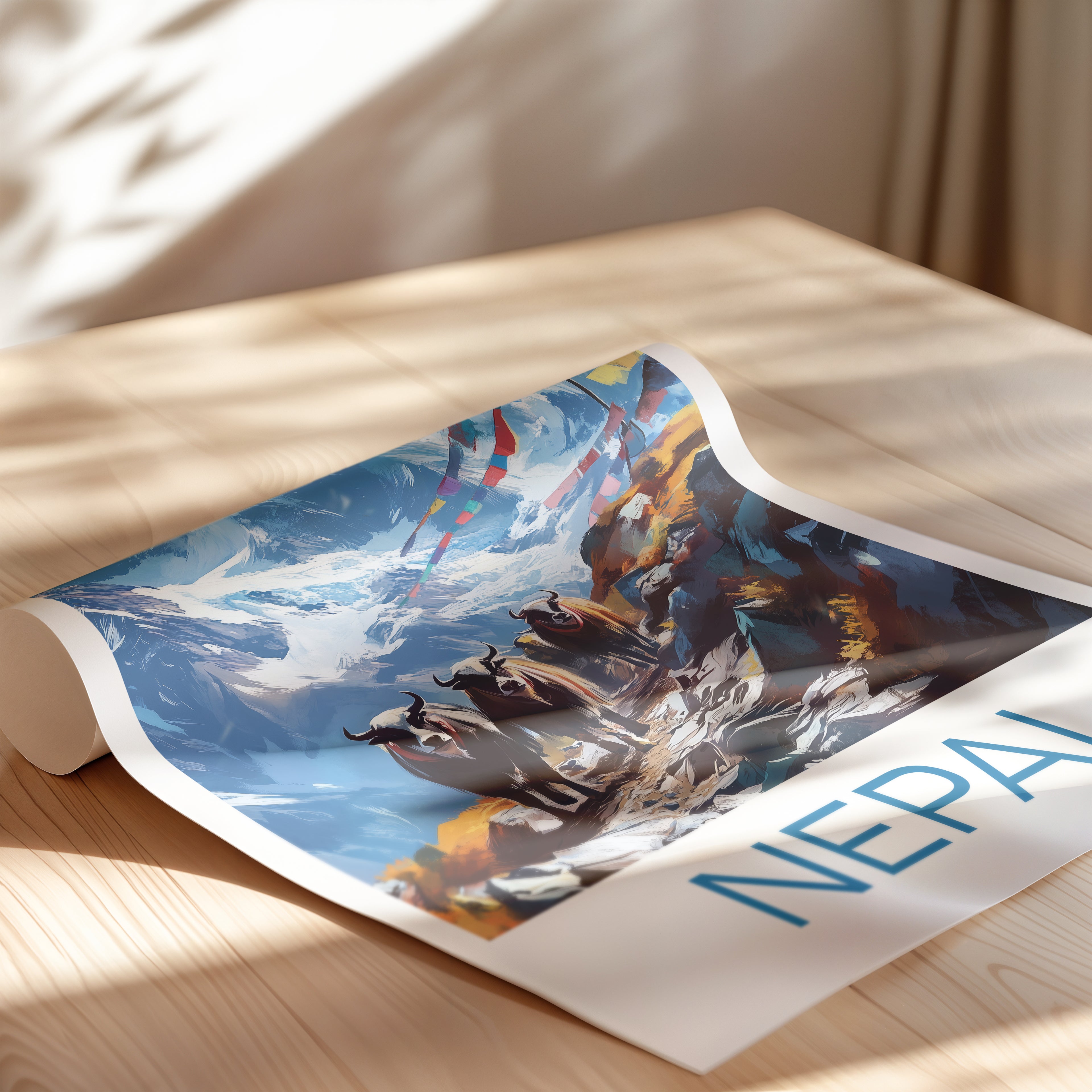 Nepal Travel Poster: Himalaya Mountain Yak Illustration Art