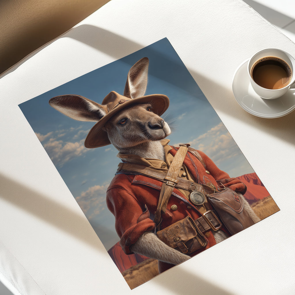Explorer Kangaroo Poster – Australian Animal Print, Outback Fantasy Wall Art, Wildlife Decor