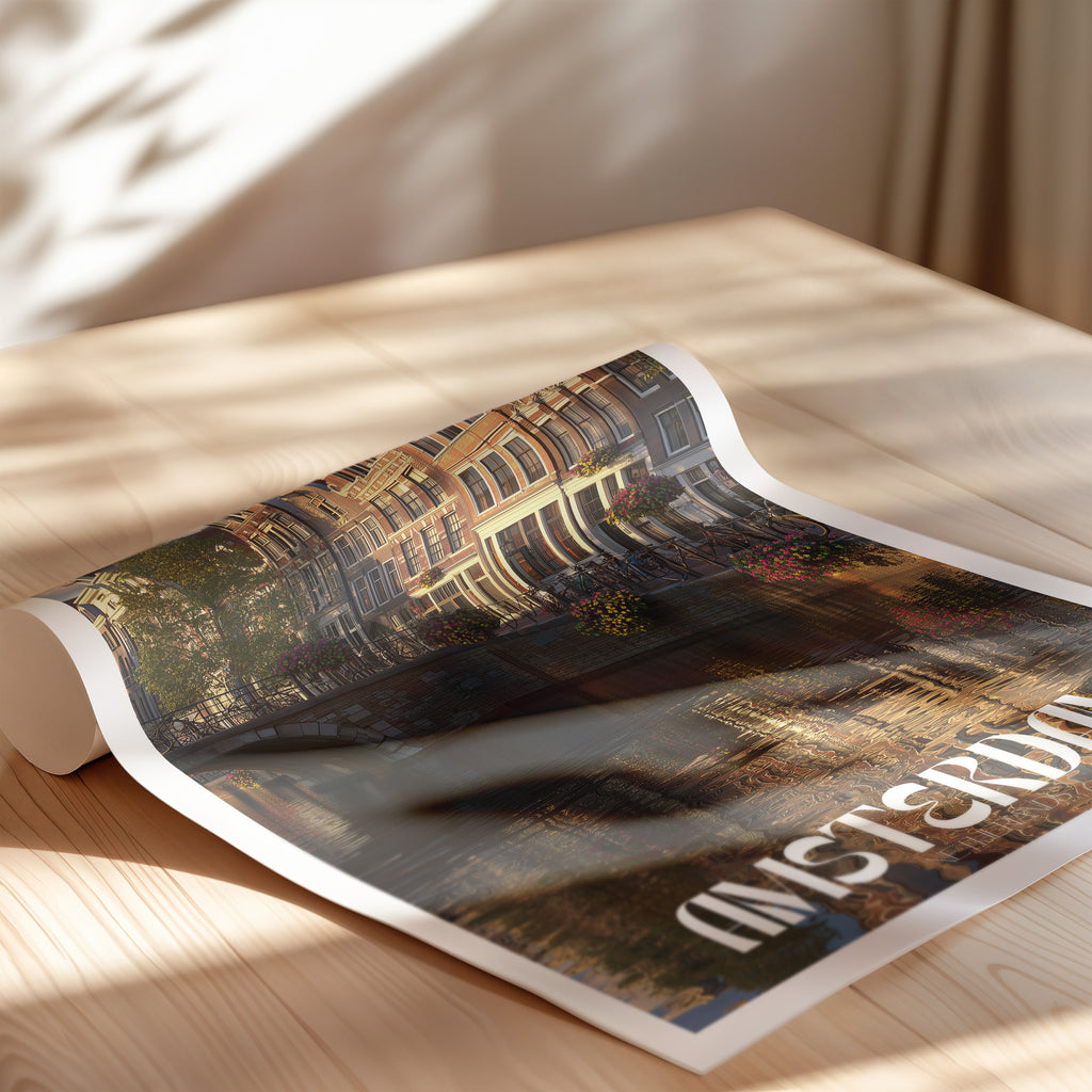 Netherlands Travel Poster – Amsterdam Canal Houses Wall Art Print, European Cityscape Decor