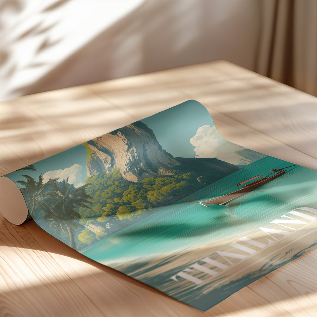 Krabi Thailand Travel Print: Tropical Beach, Longtail Boat, Southeast Asia