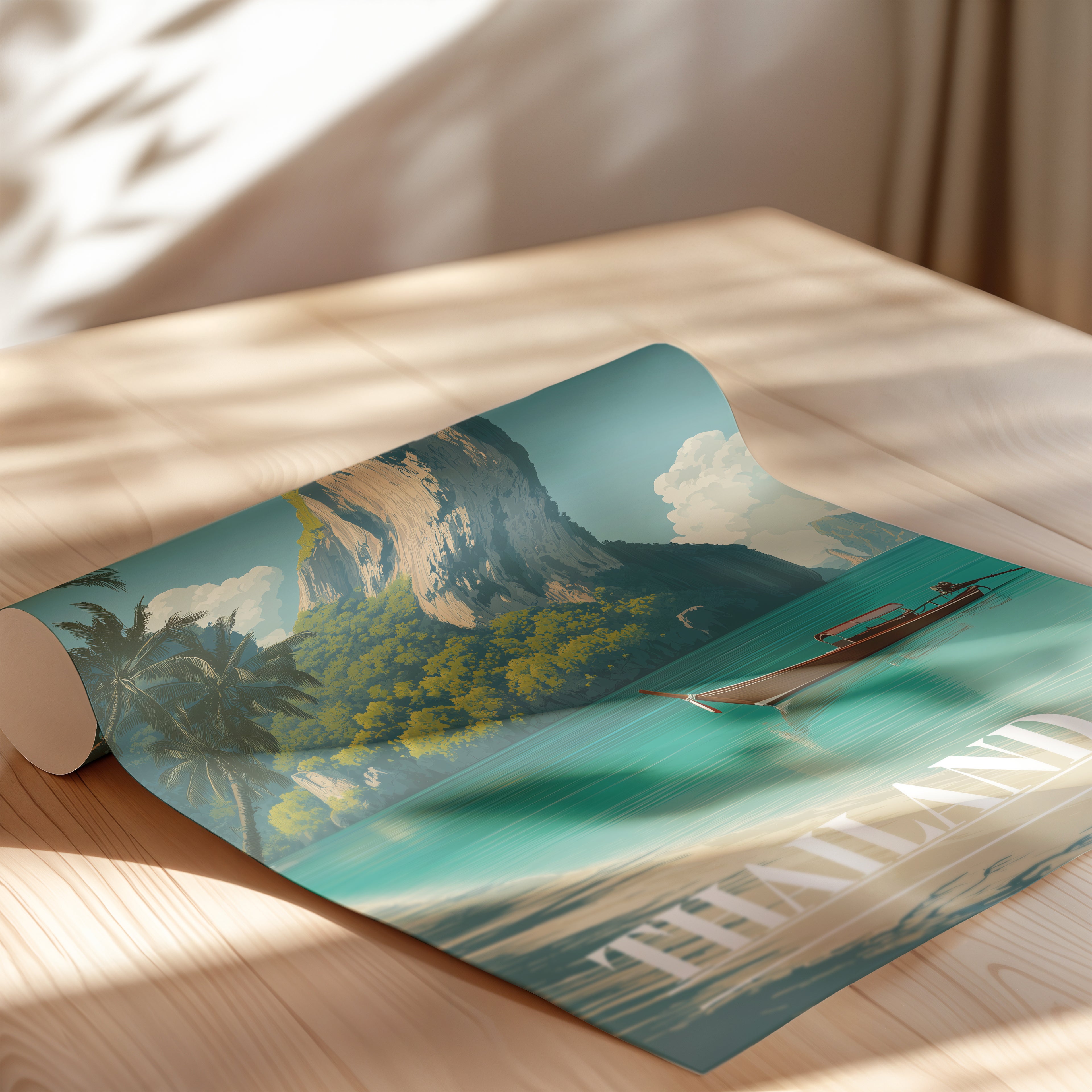 Krabi Thailand Travel Print: Tropical Beach, Longtail Boat, Southeast Asia