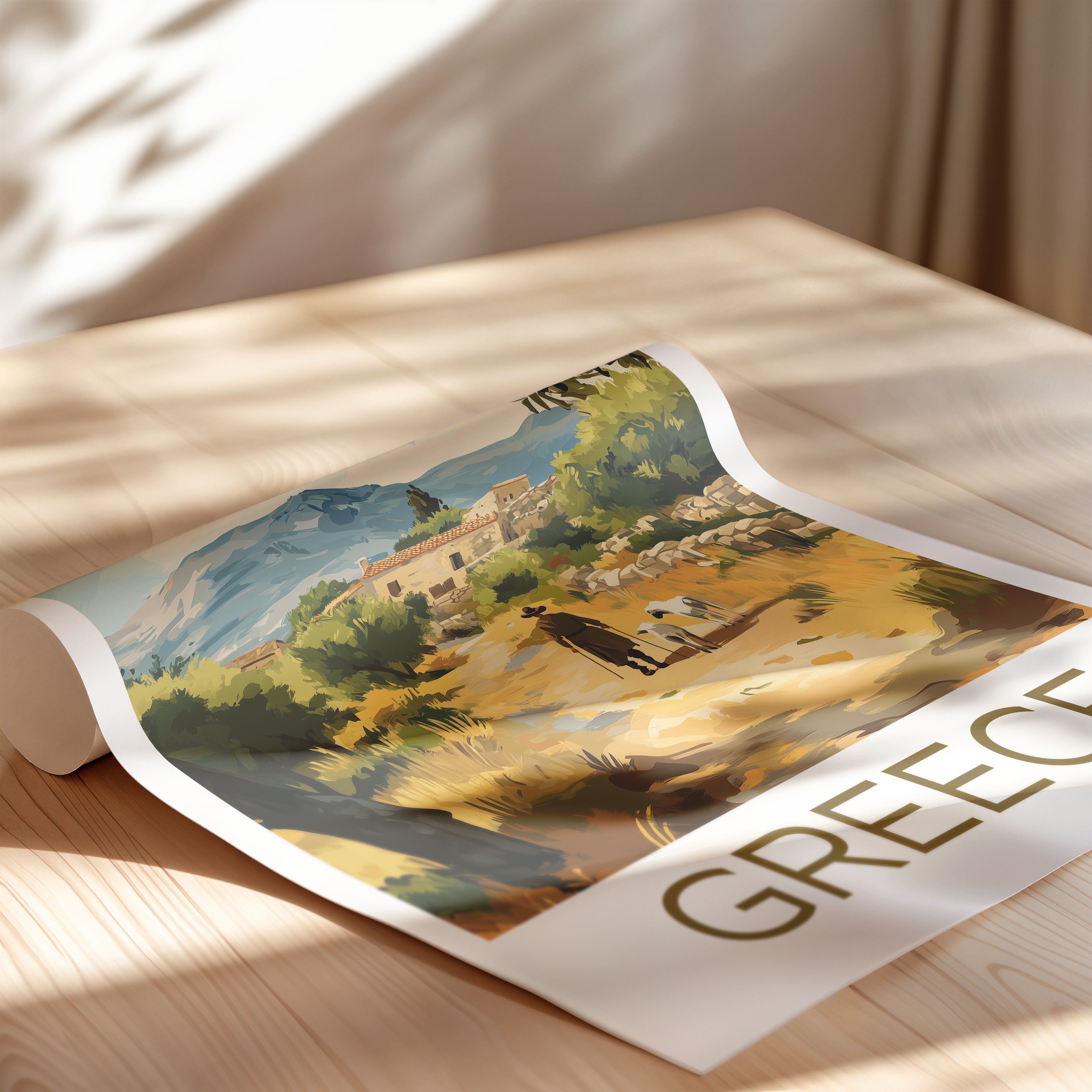 Greece Travel Poster: Mediterranean Village Landscape Illustration Art