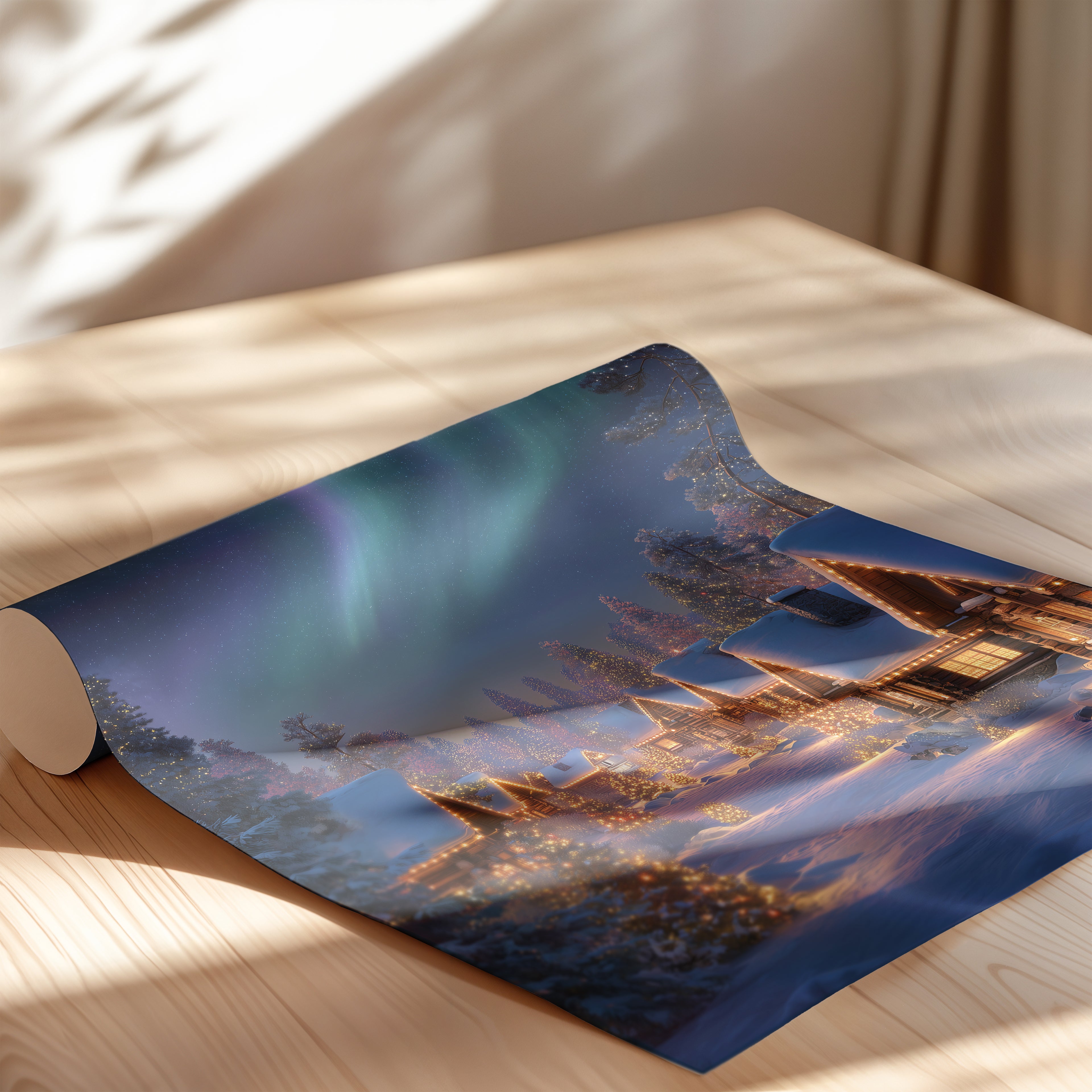 Lapland Northern Lights Travel Print: Santa Claus Village Winter Cabin Art