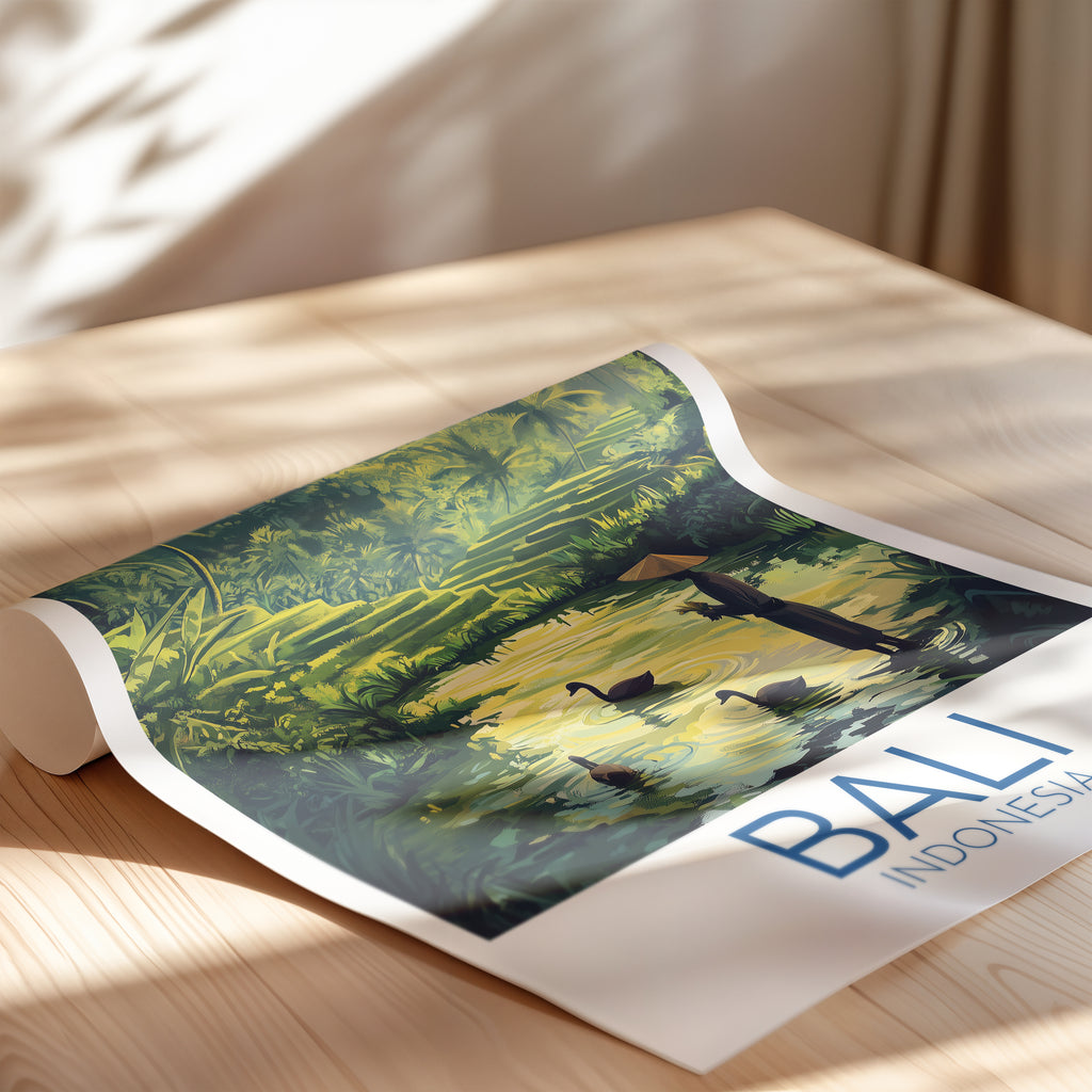 Bali Indonesia Travel Poster: Tropical Rice Terrace Illustration Art