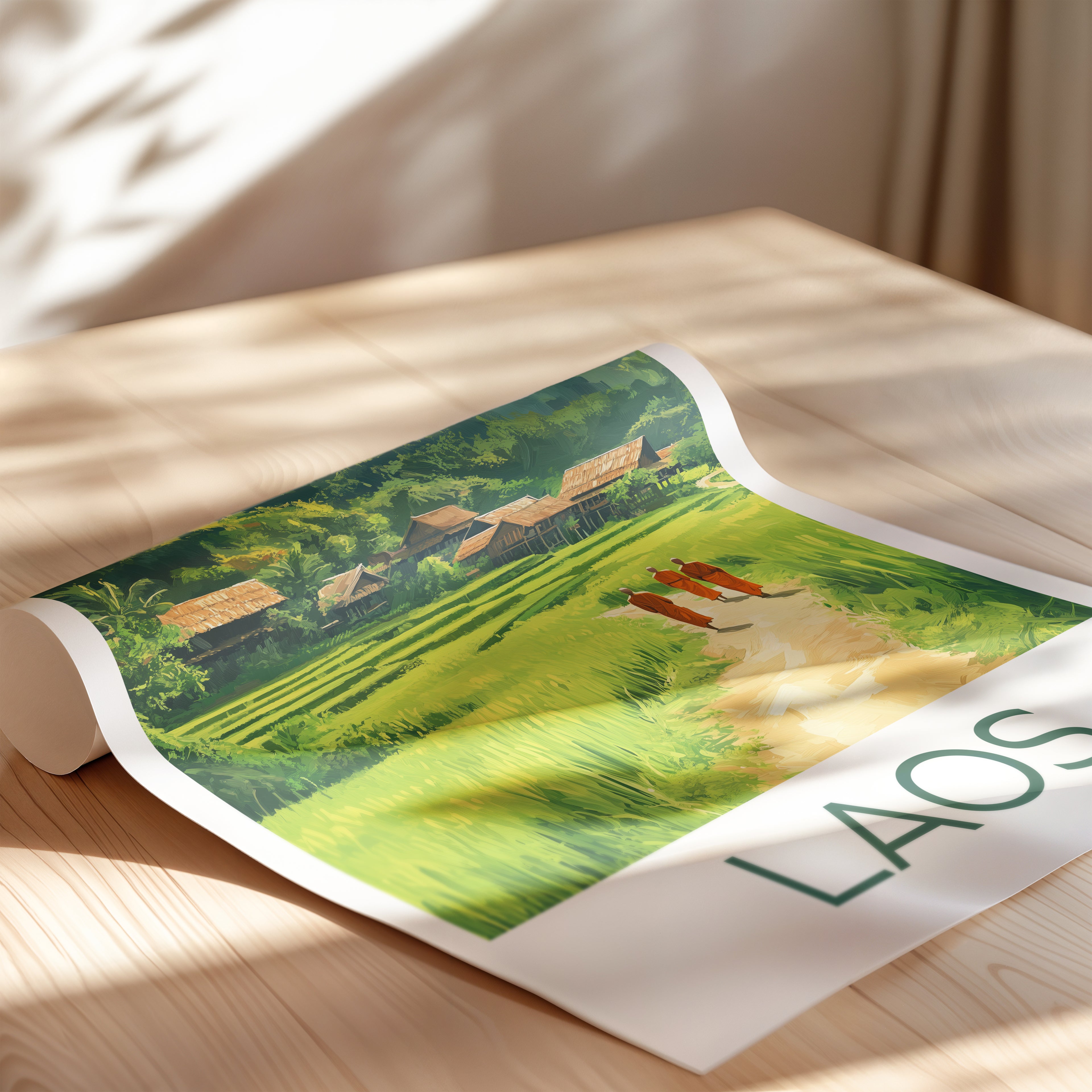 Laos Travel Poster: Rice Terrace Village Illustration Art