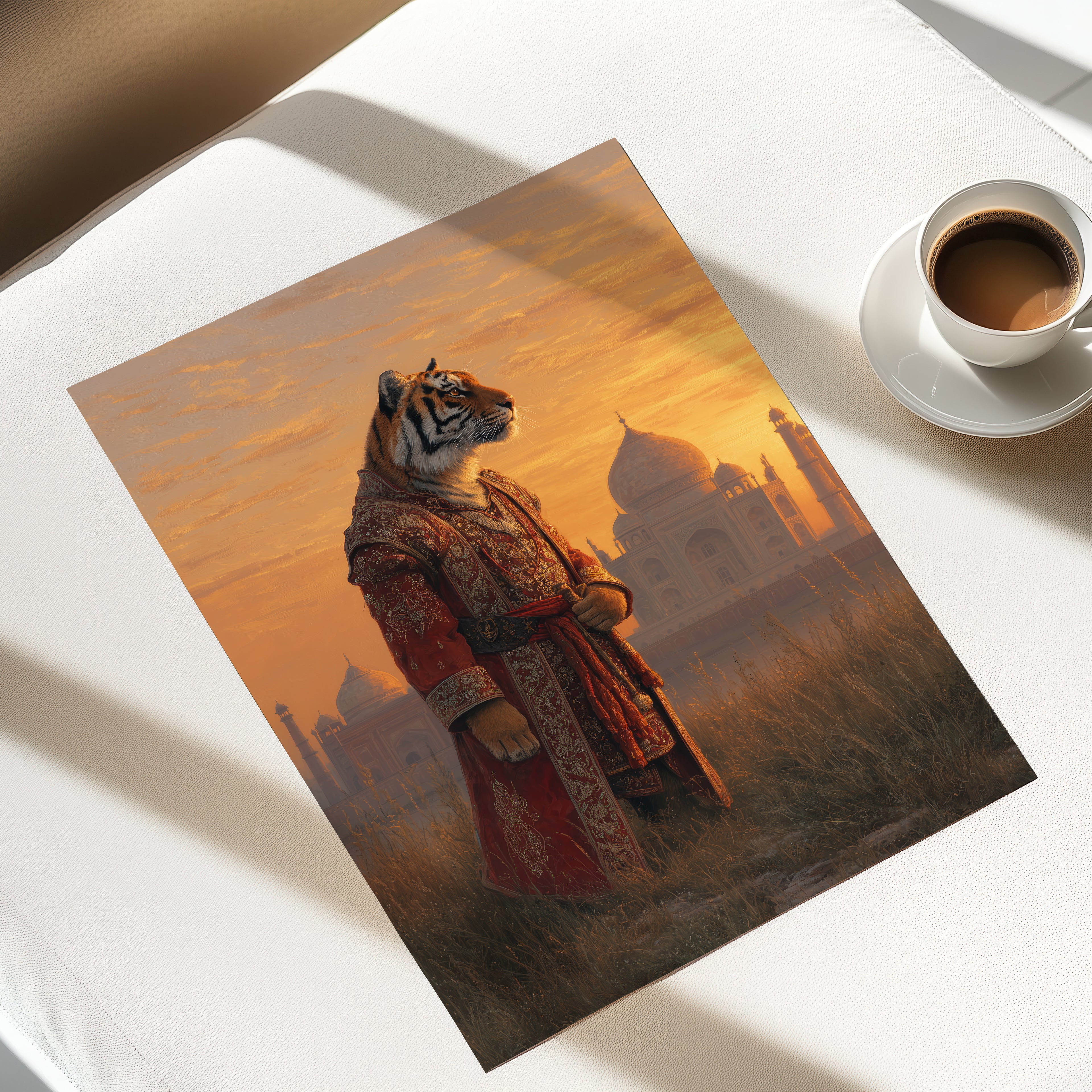 Regal Tiger Poster – Anthropomorphic Animal Art Print, Jungle Decor, Taj Mahal Fantasy Wall Art