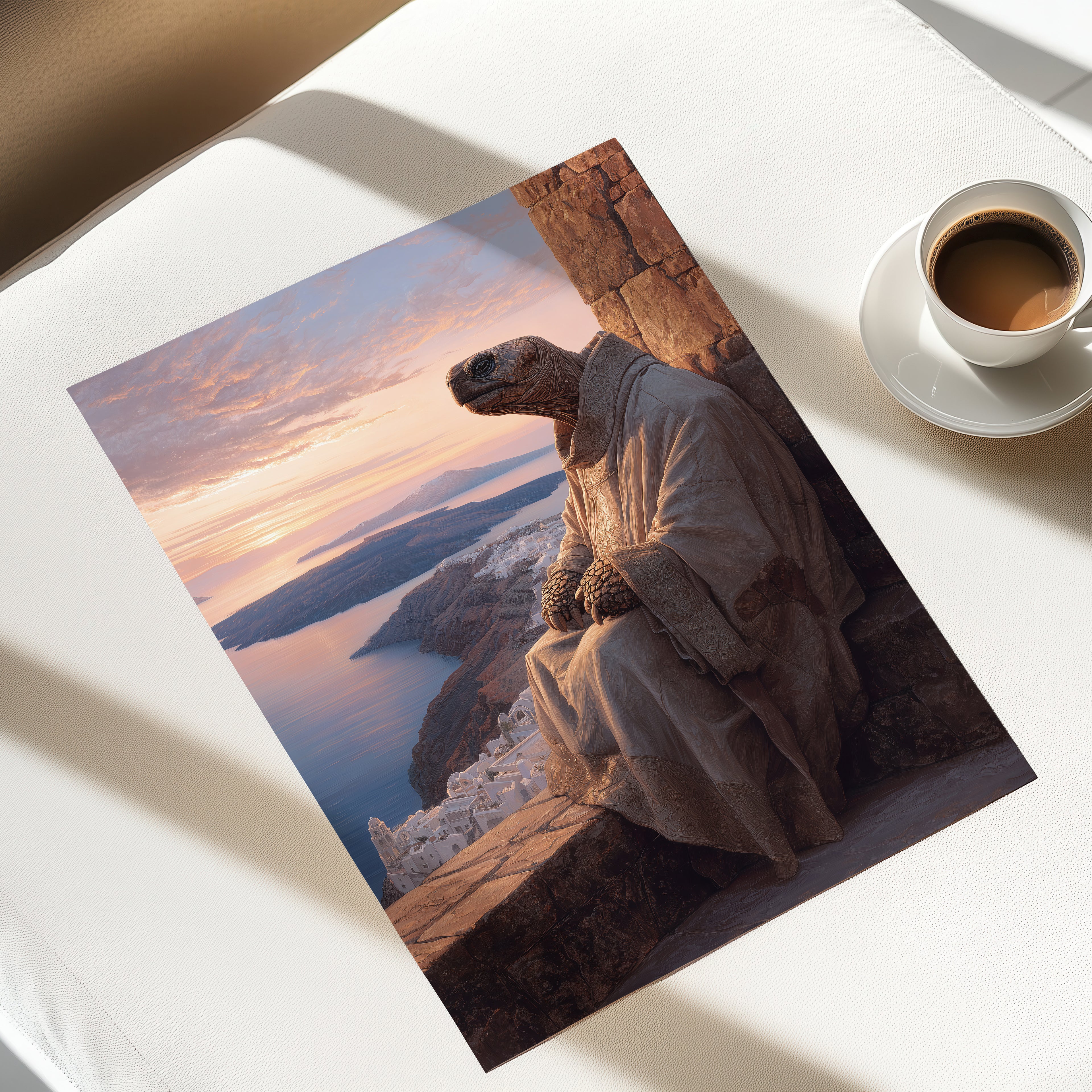 Meditative Turtle Poster – Greek Island Animal Print, Santorini Wall Art, Peaceful Fantasy Illustration