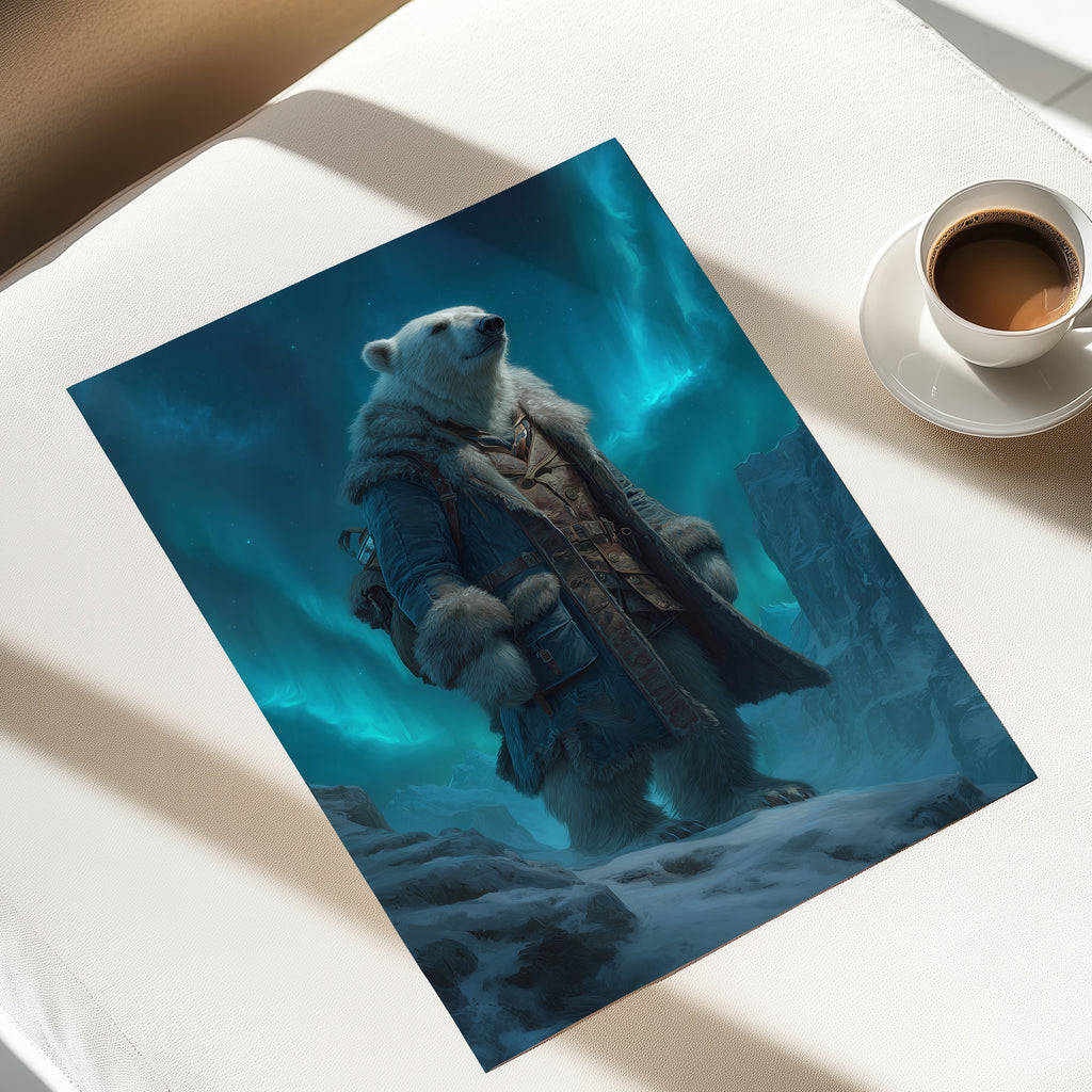 Polar Bear Explorer Print: Arctic Animal Art, Aurora Borealis Fantasy
