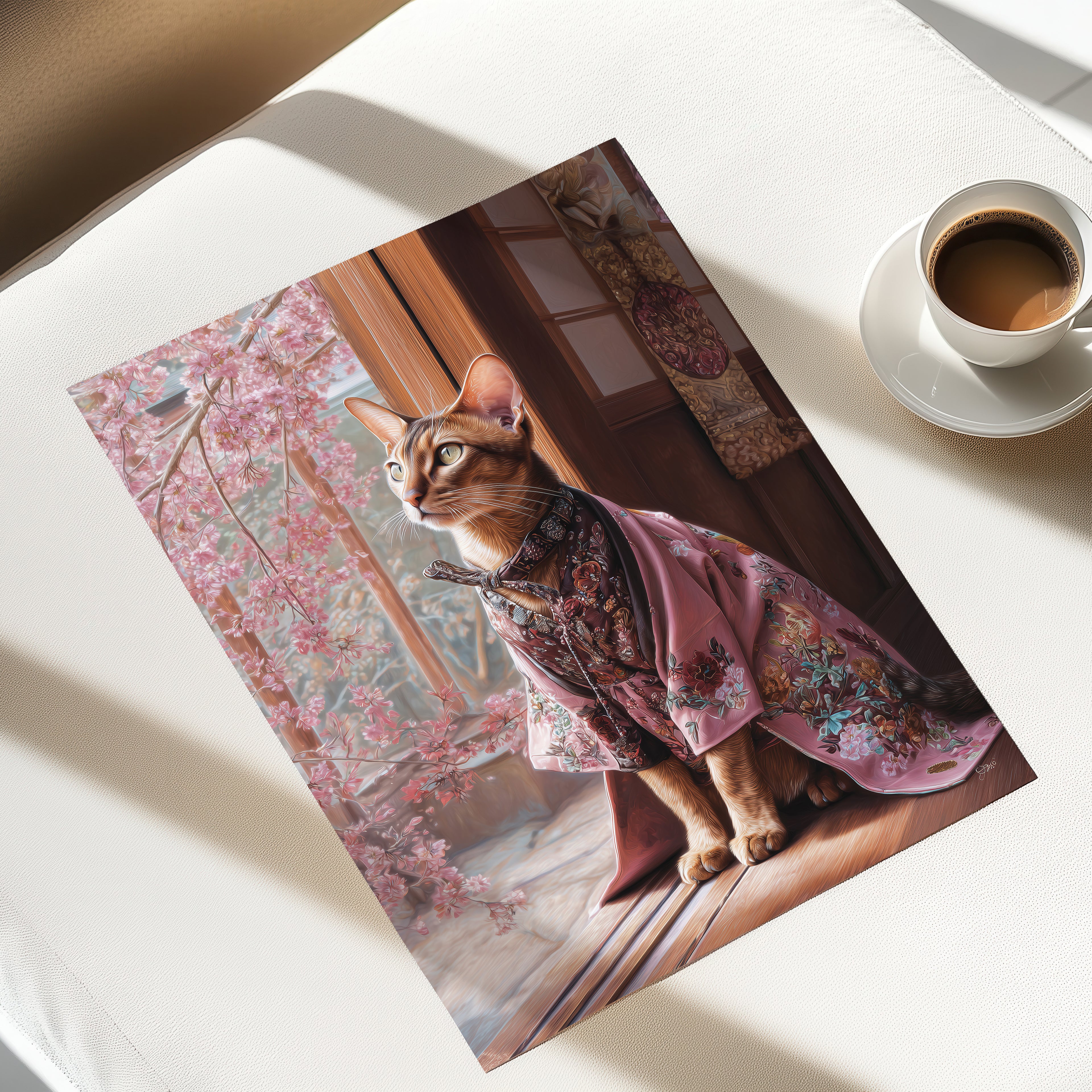 Kimono Cat Poster – Japanese Animal Print, Cherry Blossom Wall Art, Elegant Feline Decor