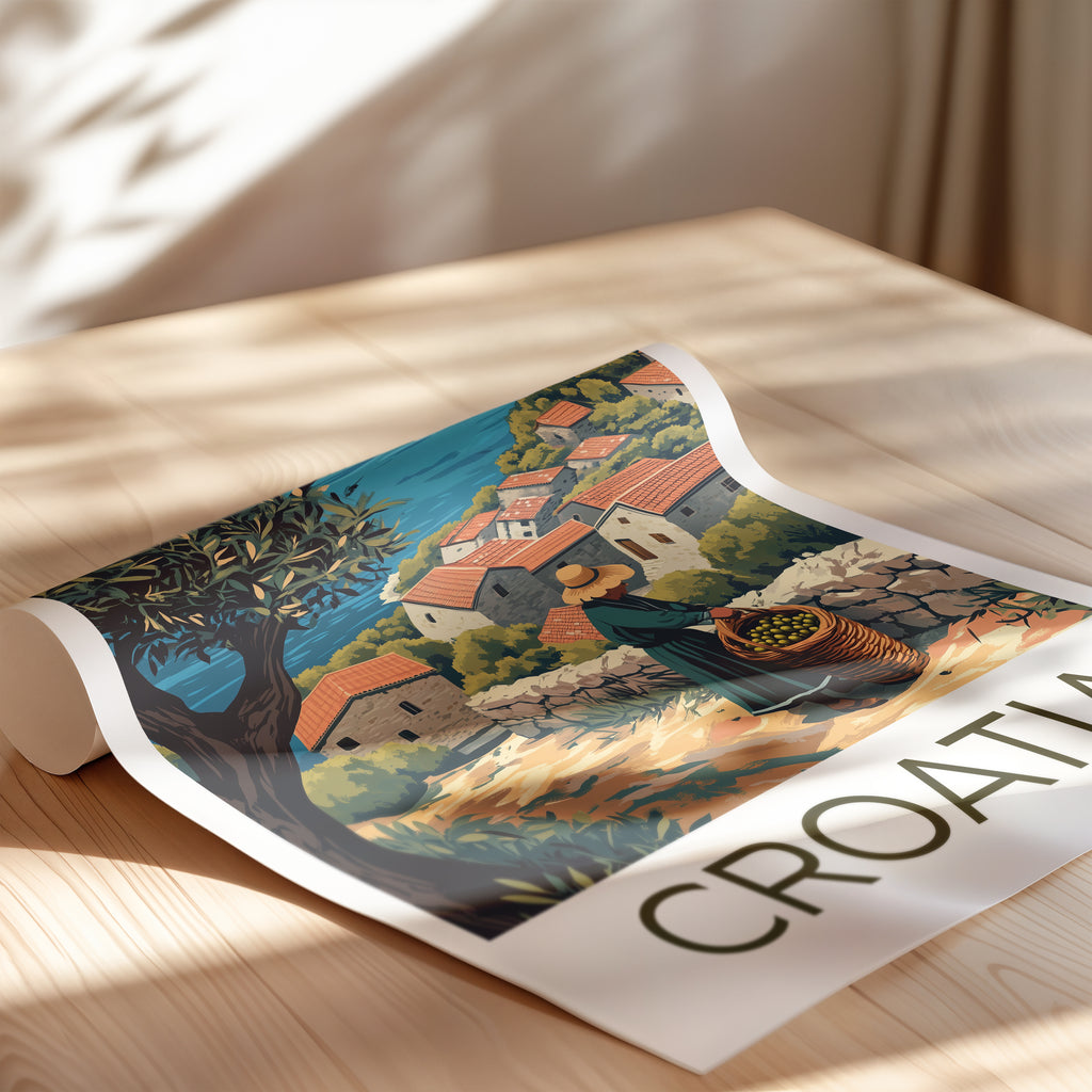 Croatia Travel Poster – Mediterranean Village & Olive Harvest Coastal Landscape Art