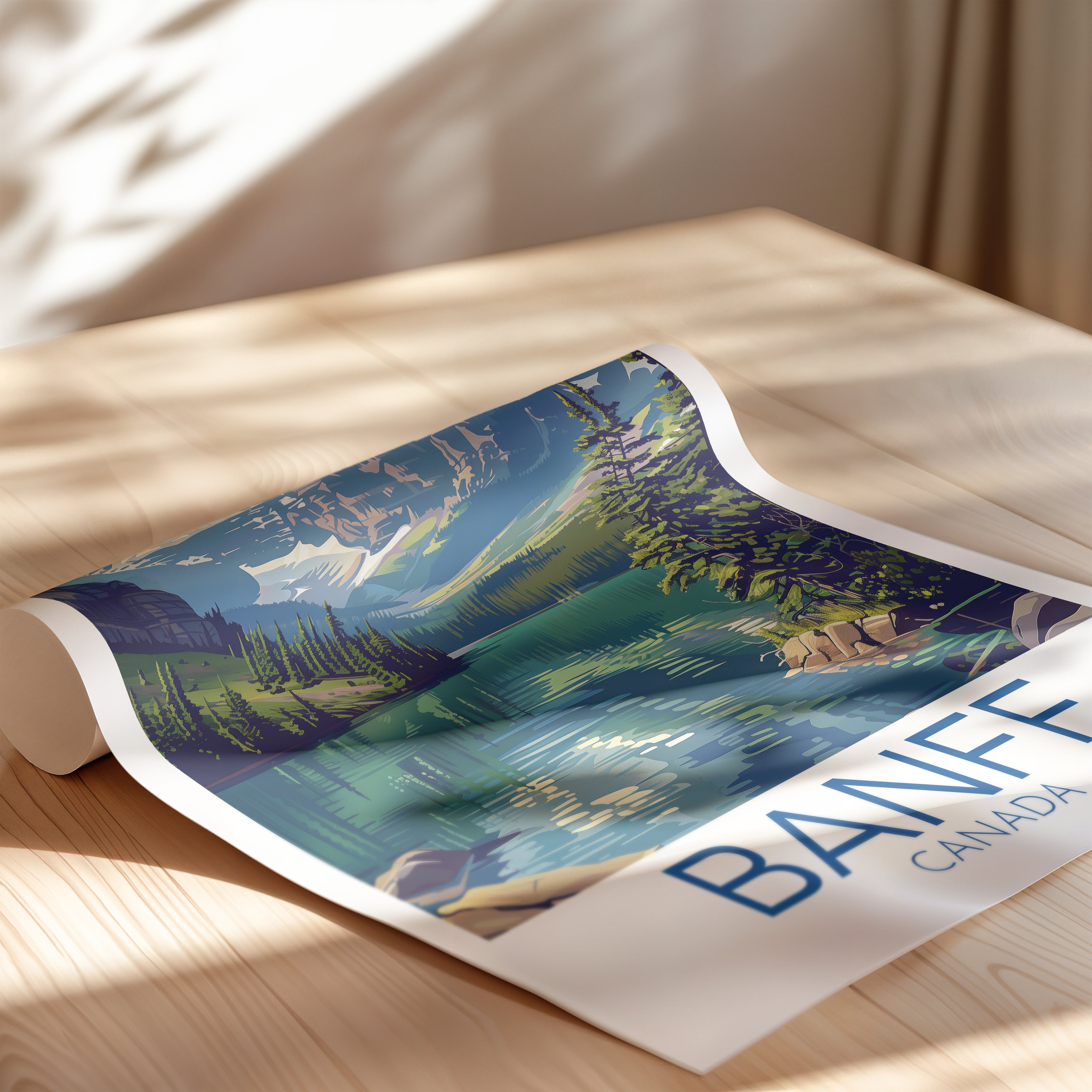 Banff Canada Travel Poster: Scenic Mountain Lake Illustration Art