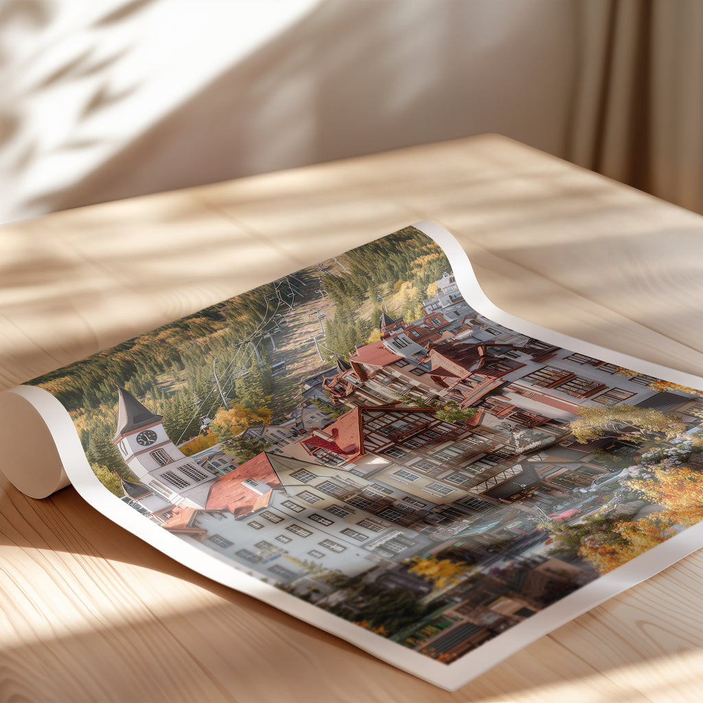 Colorado travel poster showcasing Vail ski town with autumn colors and mountain architecture.