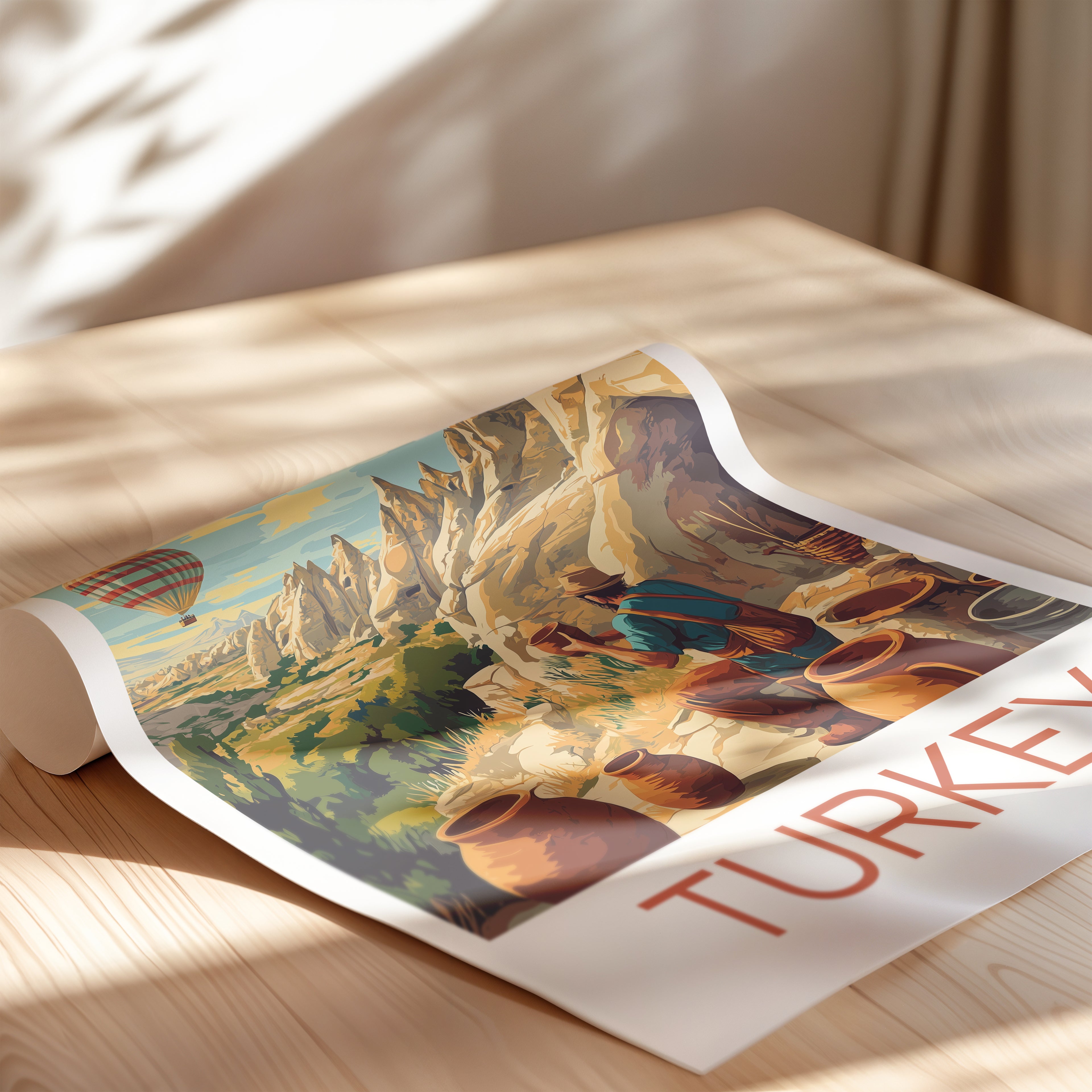 Turkey Travel Poster: Cappadocia Hot Air Balloon Illustration Art