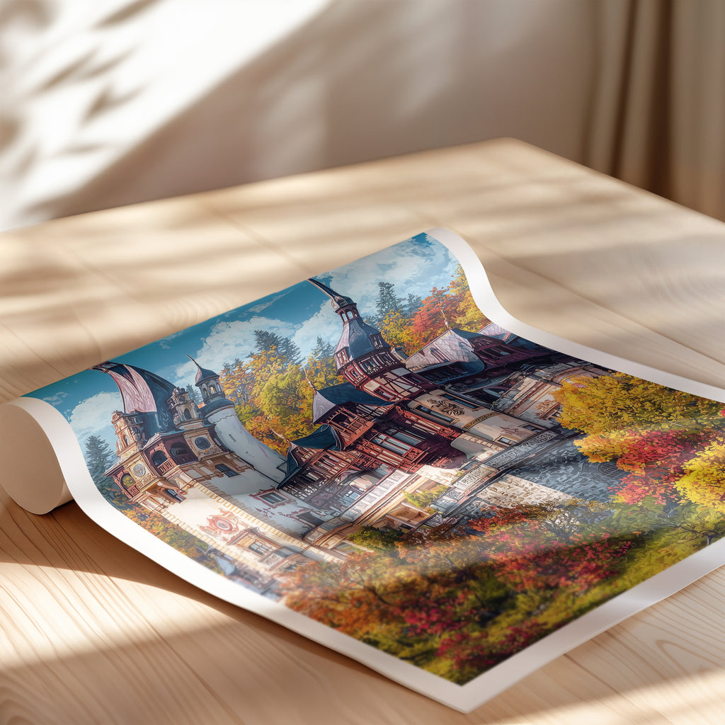 Romania Travel Poster – Peles Castle Sinaia Print, Historic Wall Art, European Landmark Decor