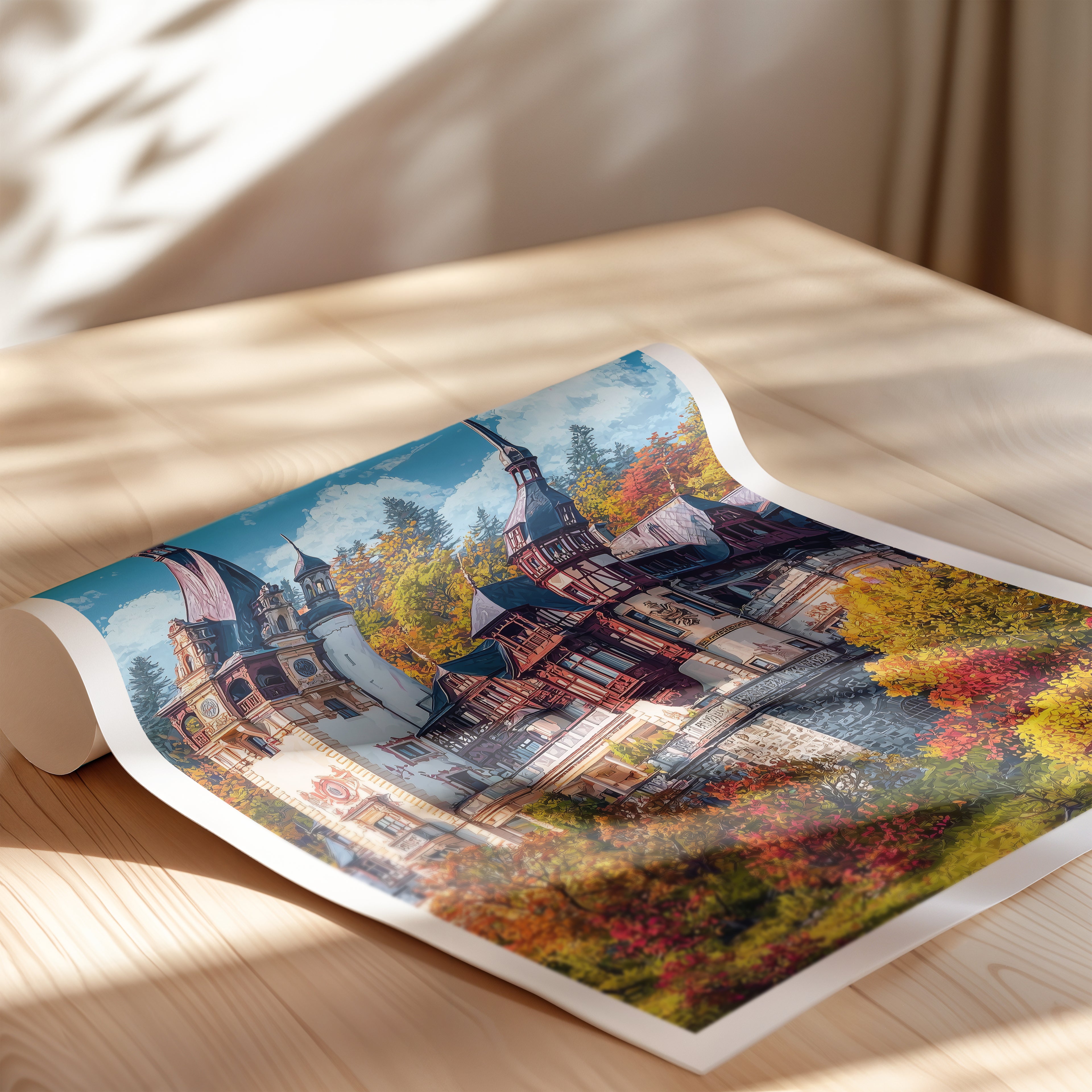 Romania Travel Poster – Peles Castle Sinaia Print, Historic Wall Art, European Landmark Decor