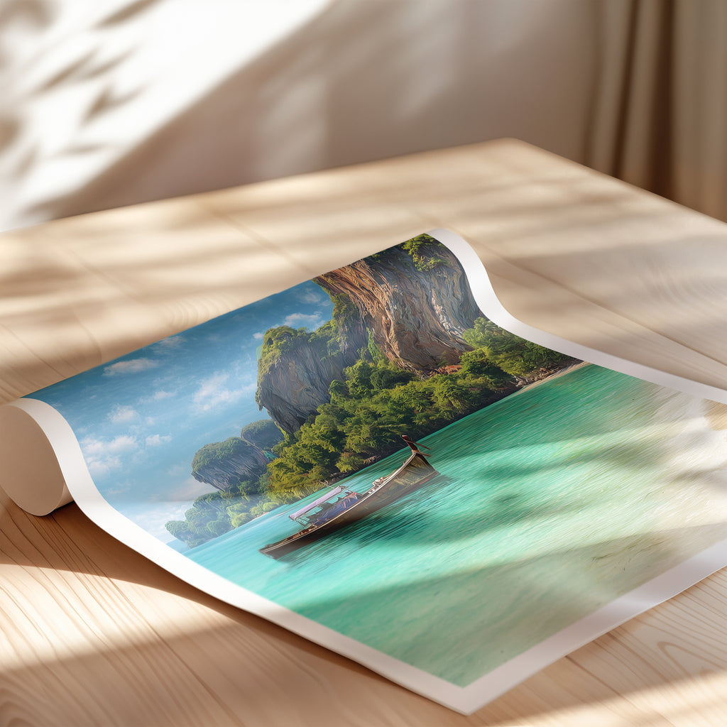 Thailand Travel Poster – Railay Beach Wall Art Print, Coastal Landscape, Longtail Boat Decor