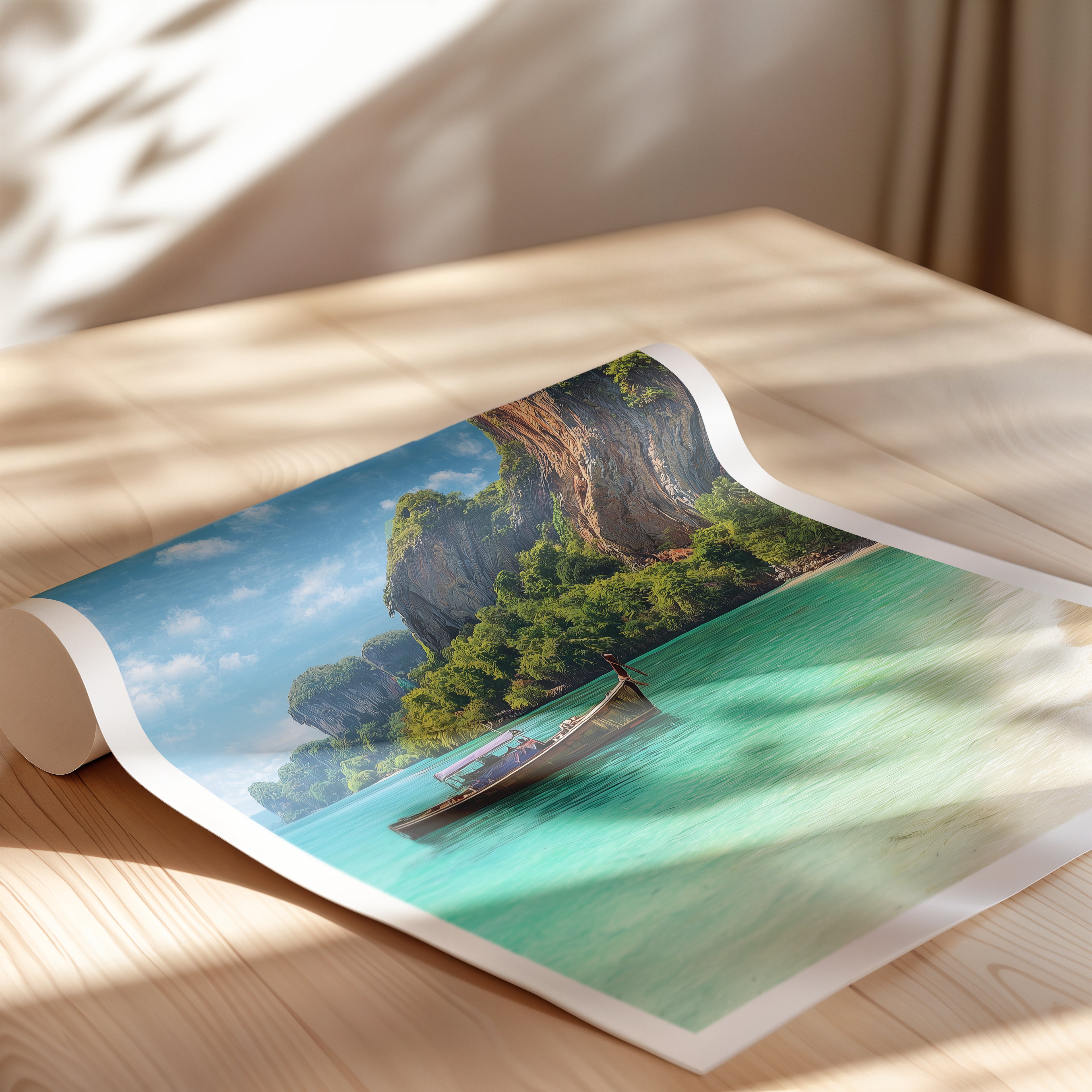 Thailand Travel Poster – Railay Beach Wall Art Print, Coastal Landscape, Longtail Boat Decor