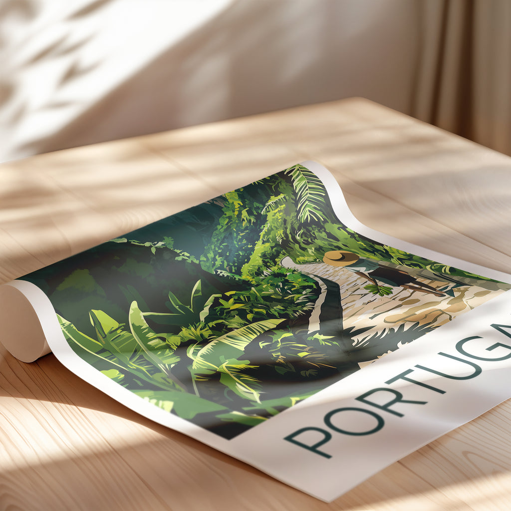Madeira travel poster art featuring a lush tropical path and vibrant green foliage in Portugal.