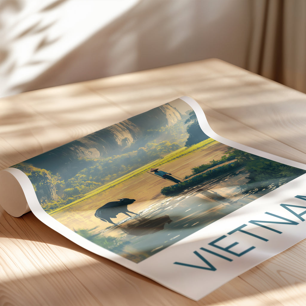 Vietnam Travel Poster: Ninh Binh Karst Landscape Illustration Art