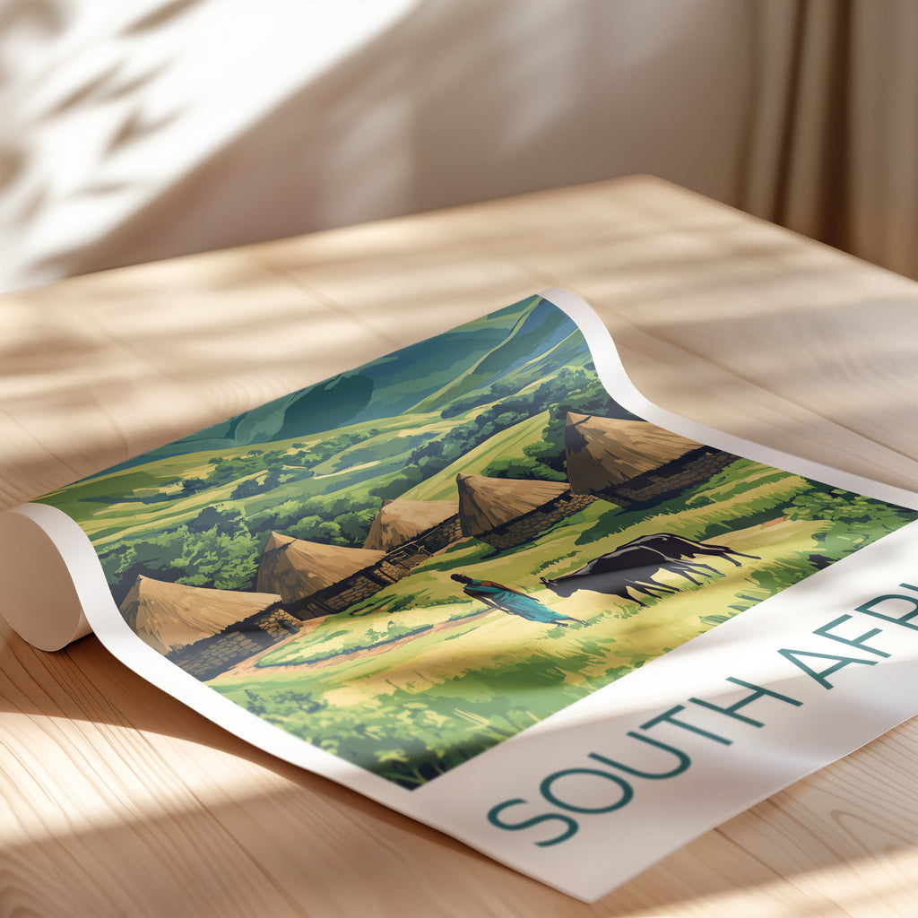 South Africa Travel Poster: Drakensberg Mountains & Zulu Village Illustration Art