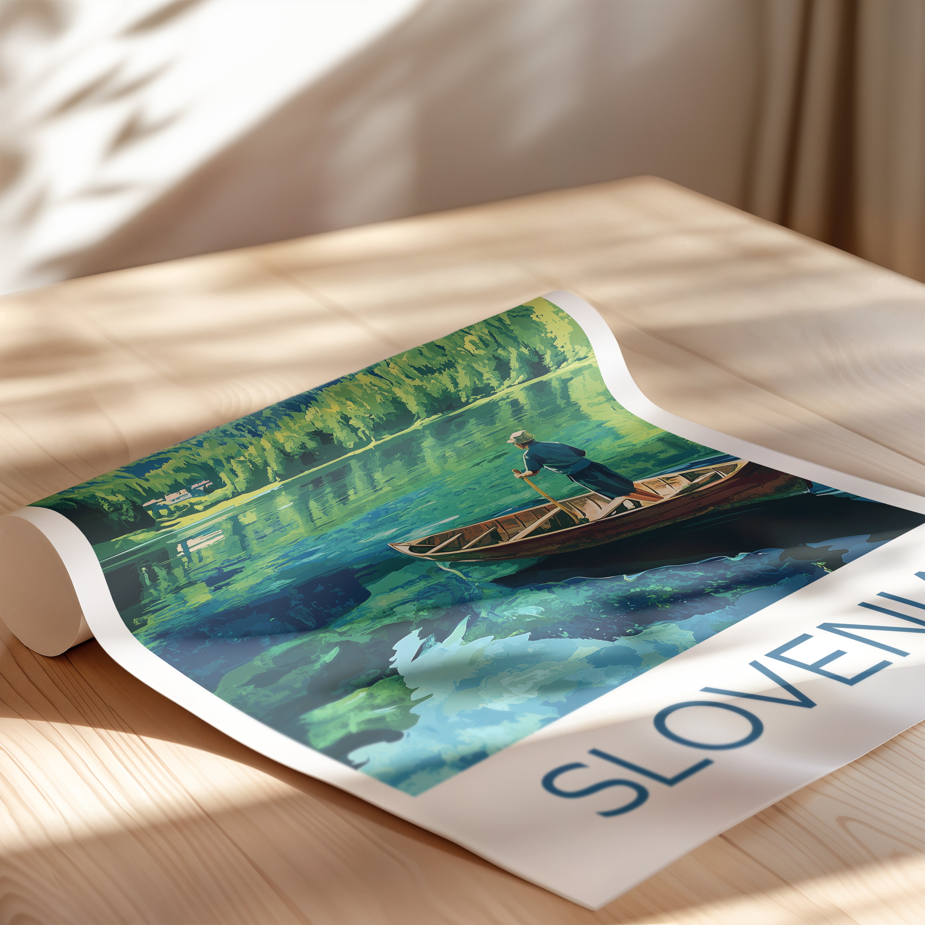 Slovenia Lake Travel Poster – Alpine Lake & Mountains Art Print, Canoe Landscape Illustration